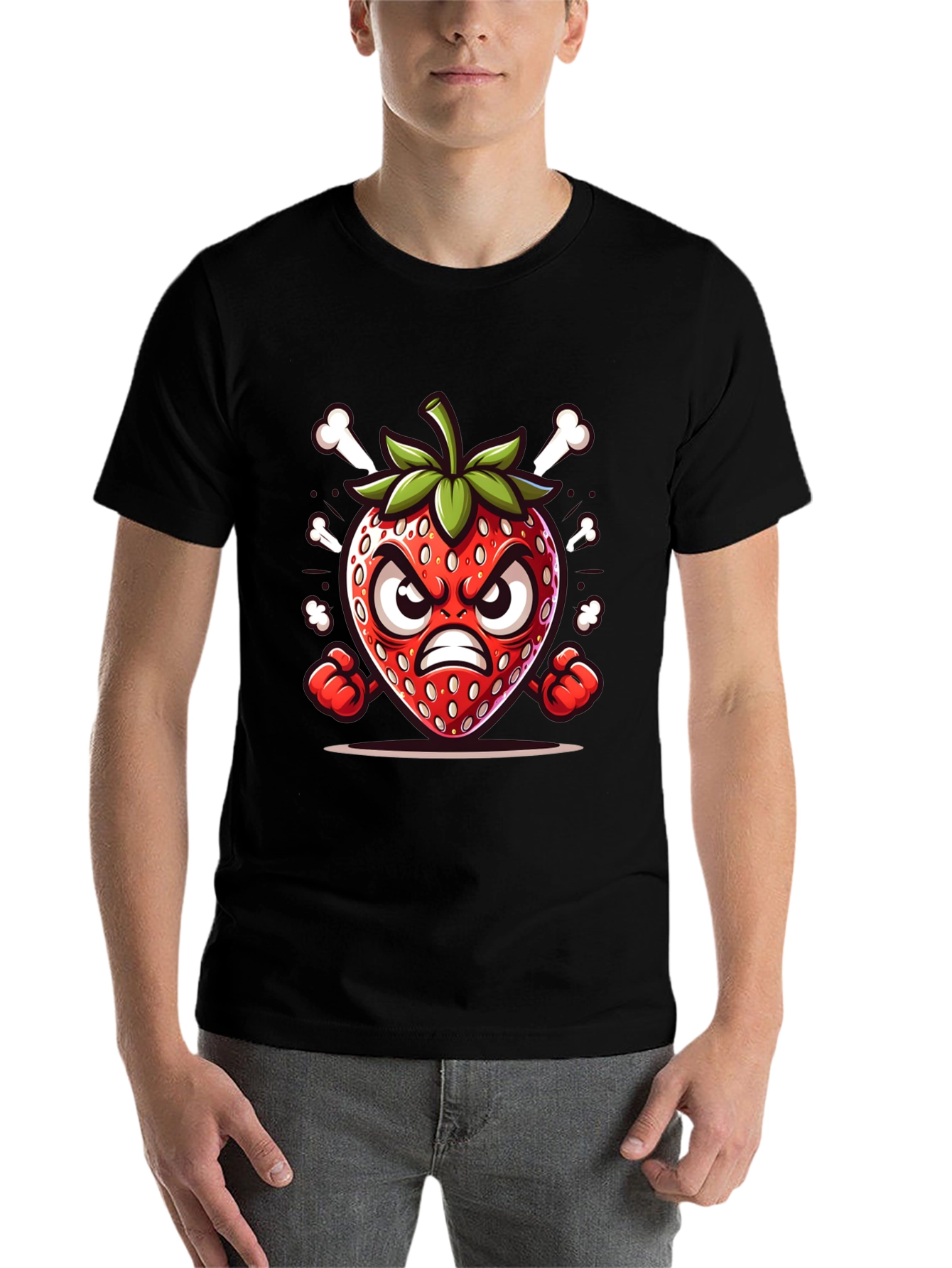 Black Angry Strawberry Cartoon Graphic Tee view 7