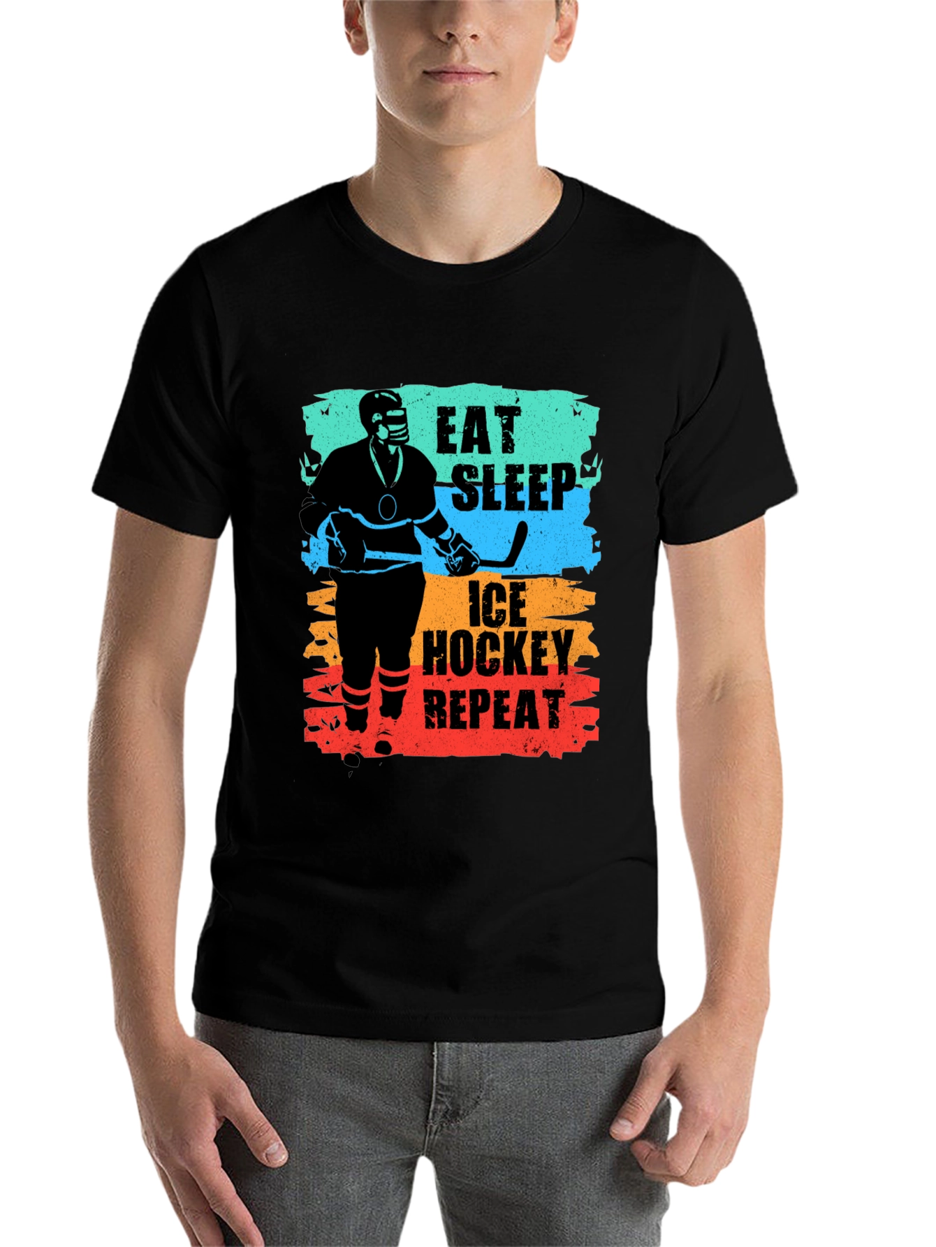 Black Eat Sleep Ice Hockey Repeat Graphic T-Shirt view 7