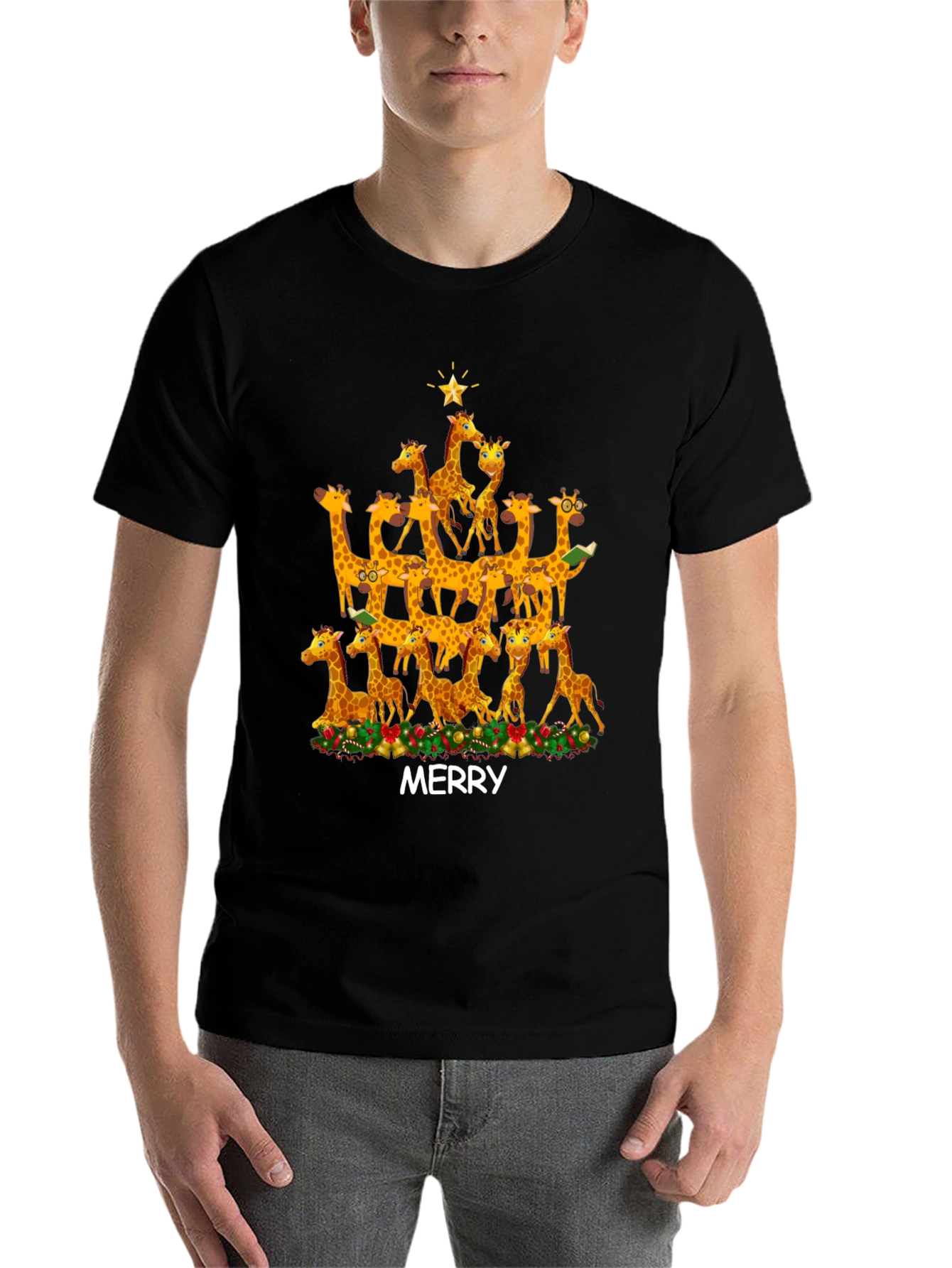 Black Merry Giraffe Christmas Tree T-Shirt view 7