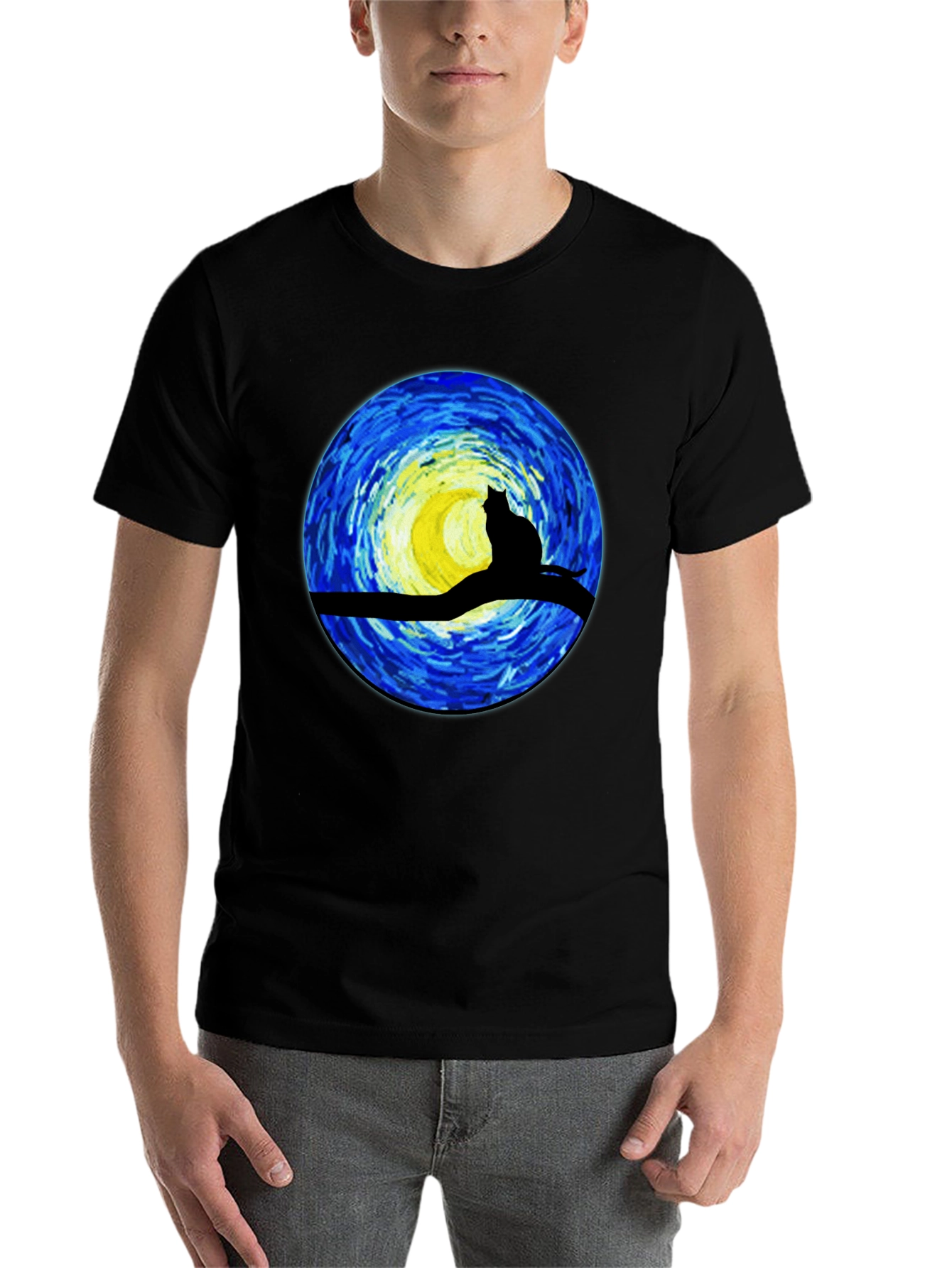 Black Starry Night Cat T-Shirt - Artistic Graphic Tee view 7