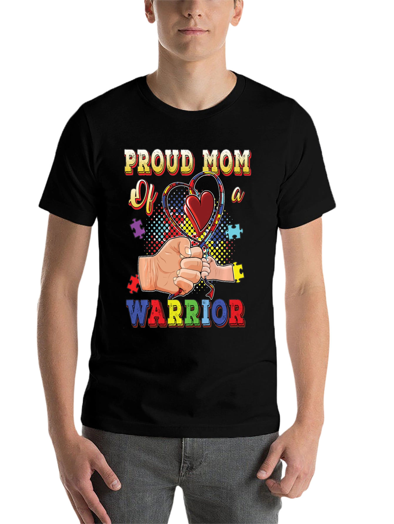 Black Proud Mom of a Warrior Autism Awareness T-Shirt view 7