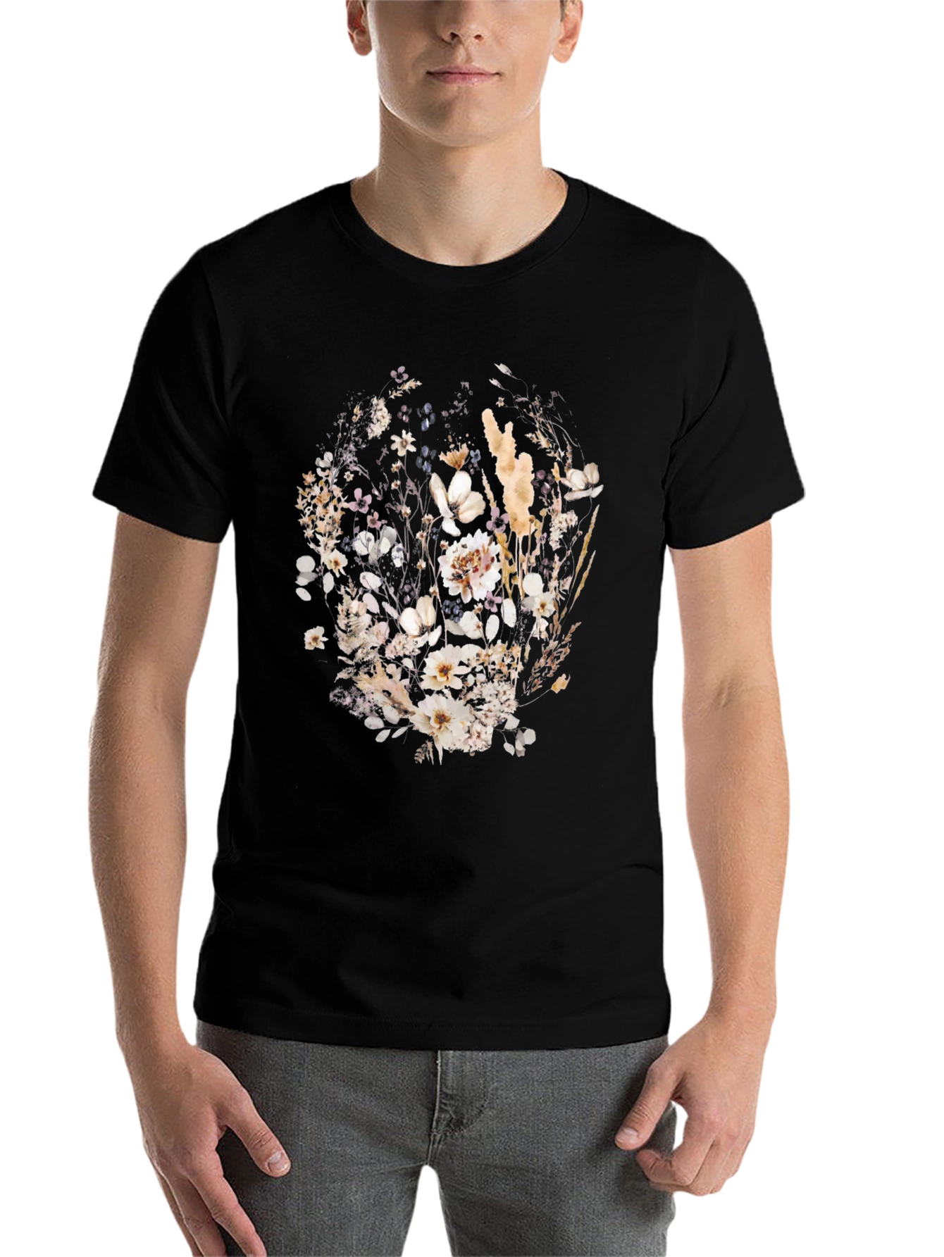 Black Floral Print Black Crew Neck T-Shirt view 7