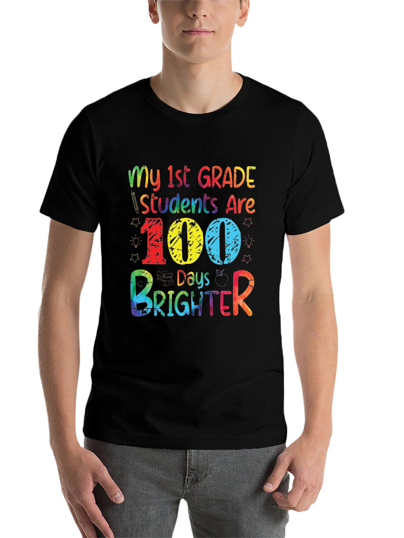 Black 100 Days Brighter Teacher T-Shirt view 7