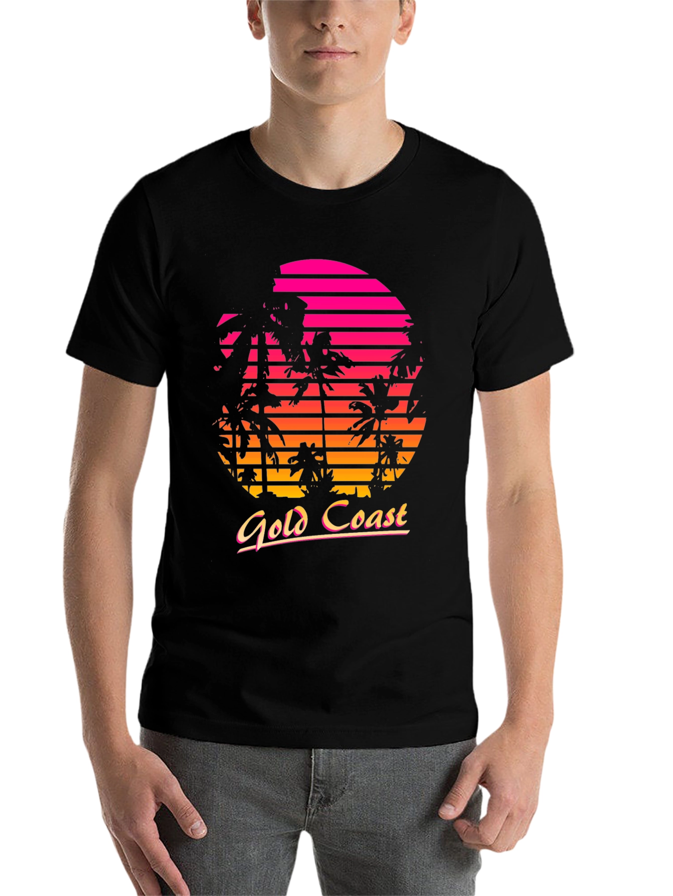 Black Gold Coast Retro Sunset Palm Tree T-Shirt view 7