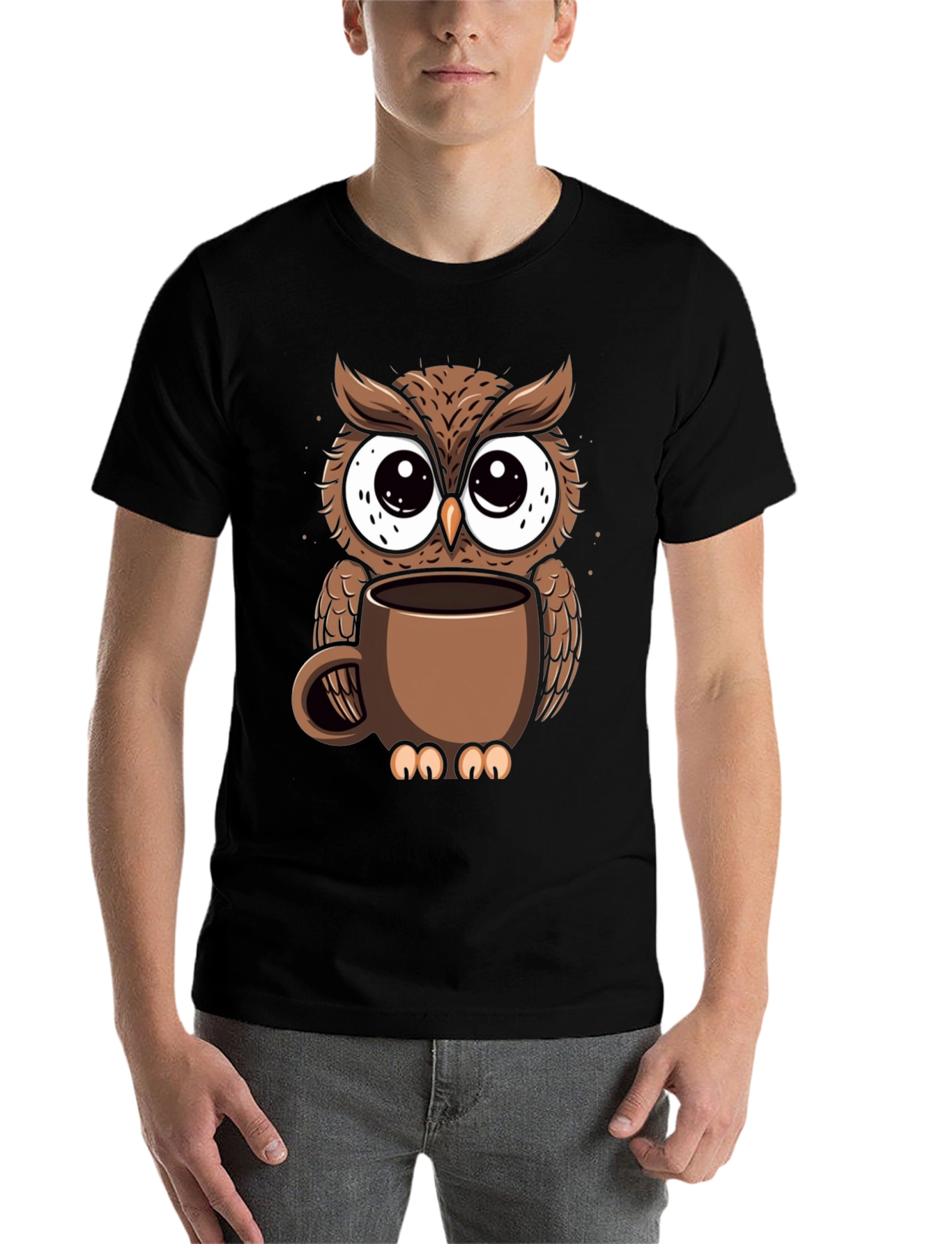 Black Owl Coffee Cup T-Shirt - Whimsical Bird Lover Tee view 7