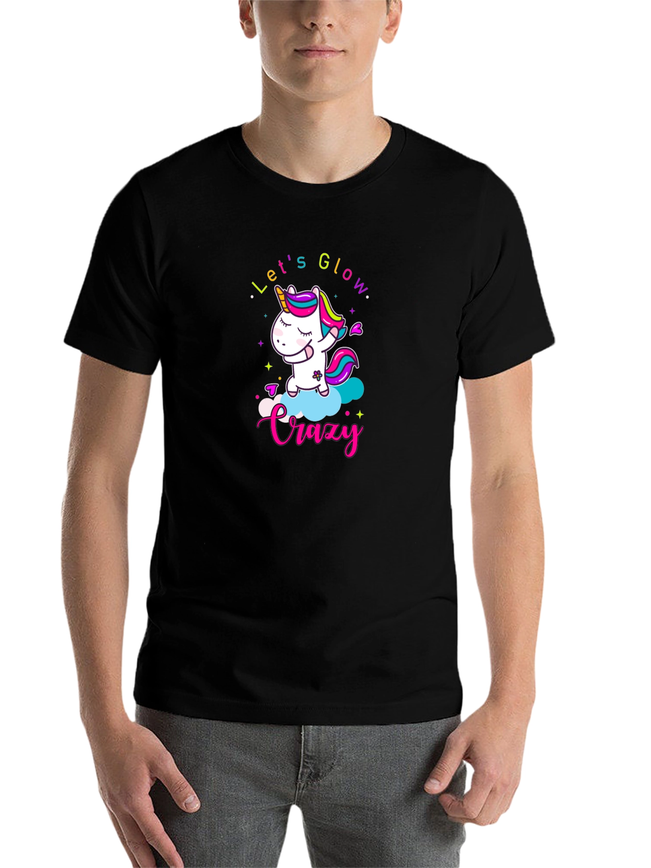 Black Let's Glow Crazy Unicorn Black T-Shirt view 7