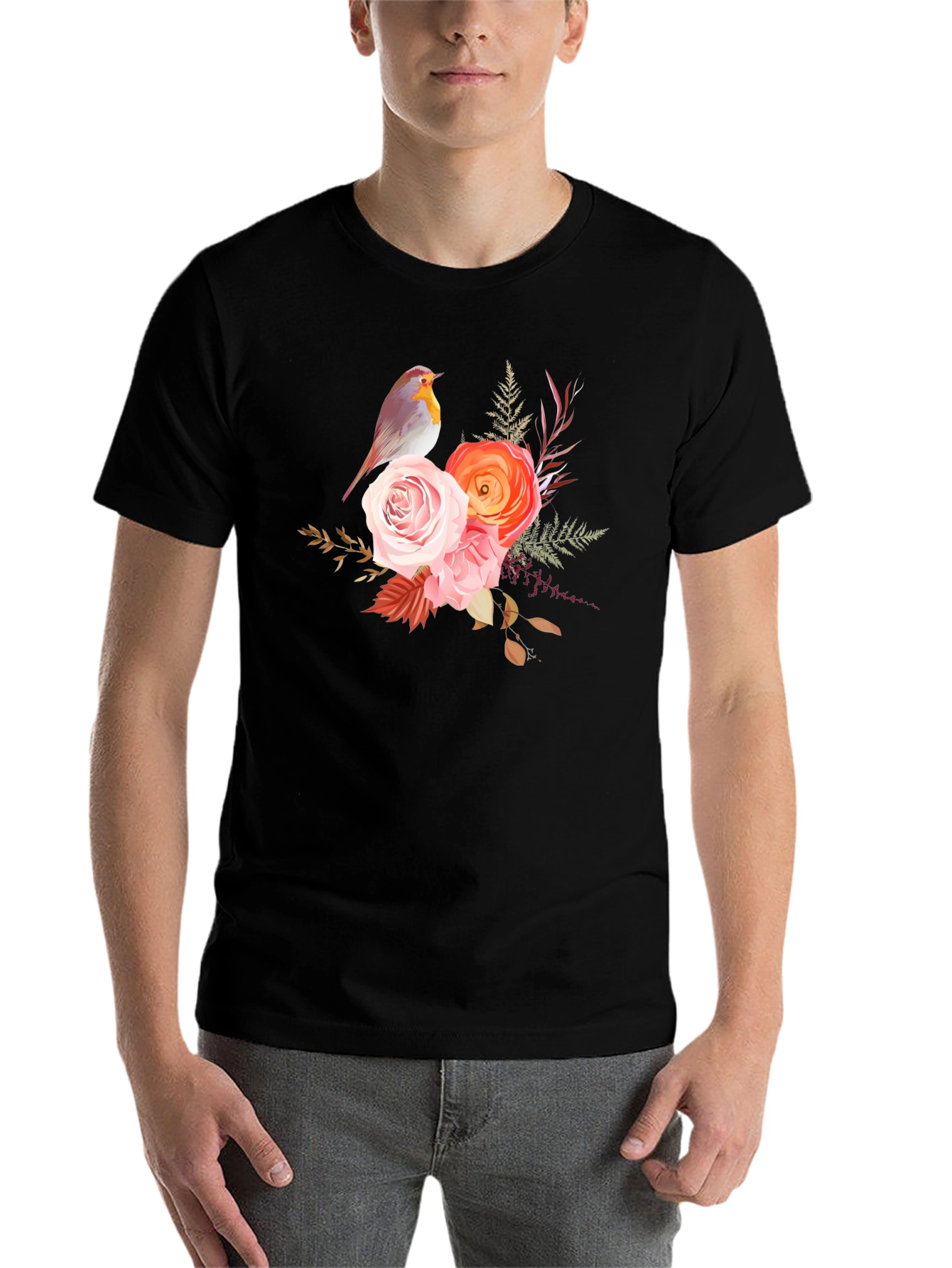 Black Floral Bird Graphic Tee - Soft Black Cotton Casual Wear view 7