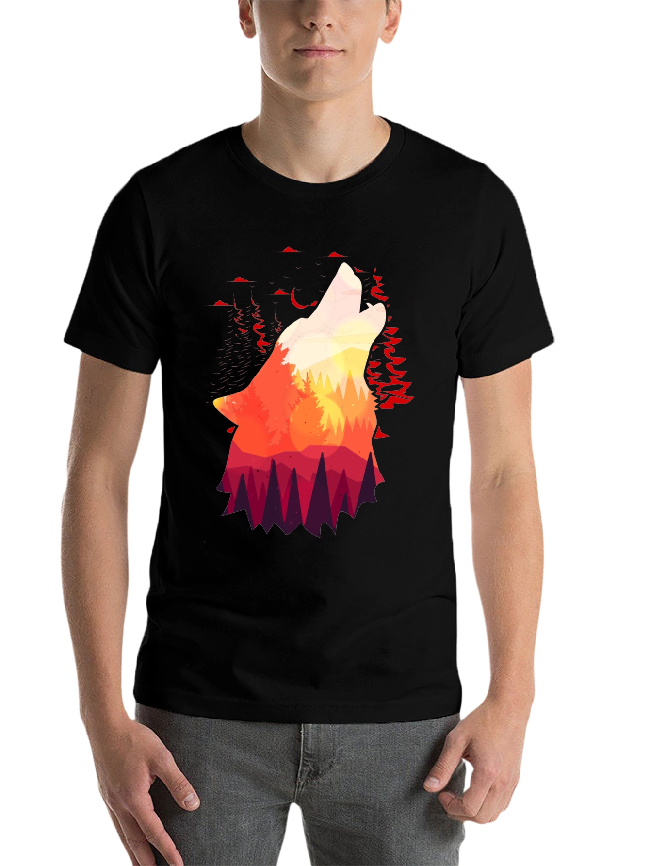 Black Wolf Howl Silhouette Graphic T-Shirt view 7