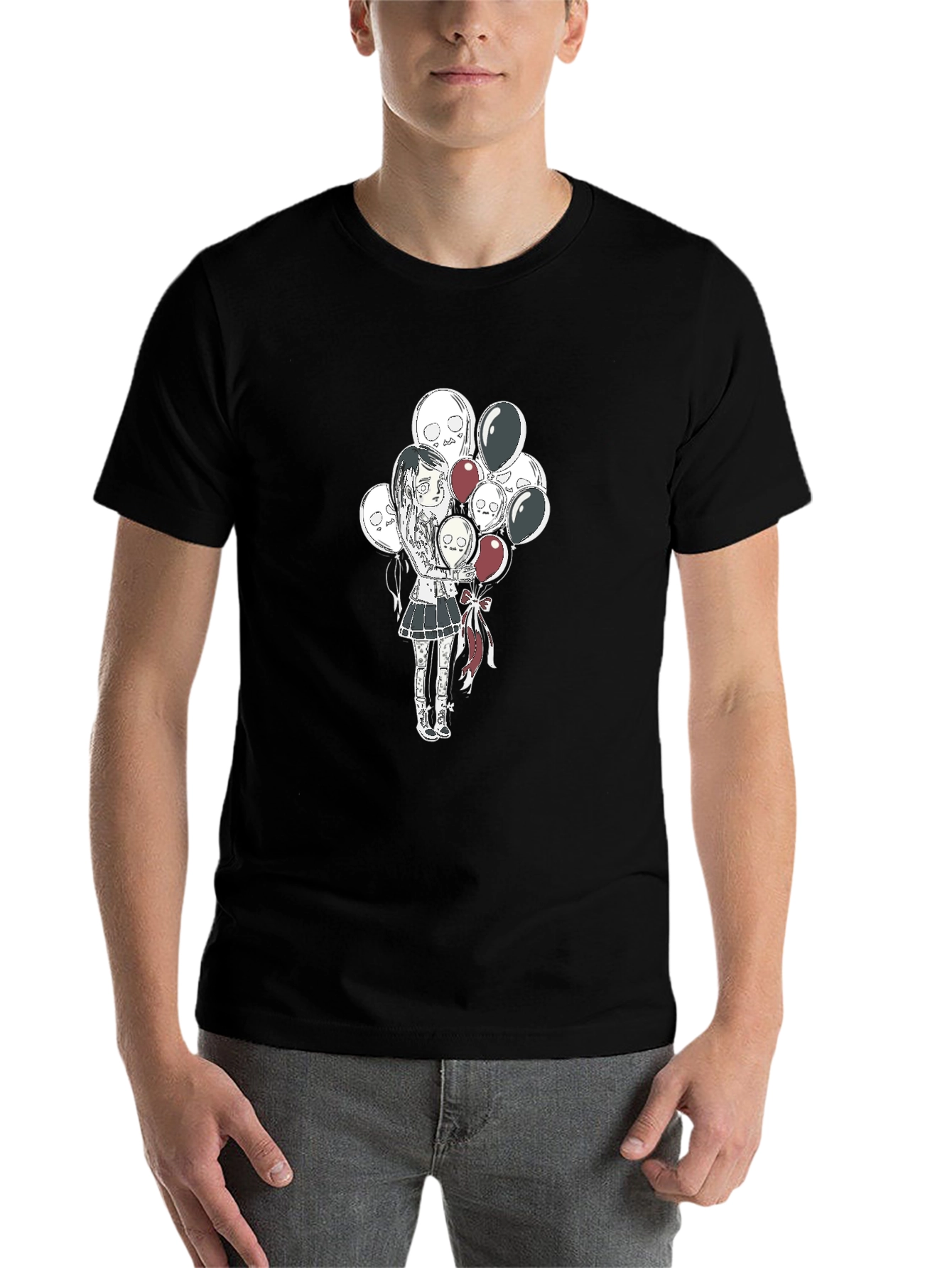 Black Gothic Girl with Skull Balloons Black T-Shirt view 7