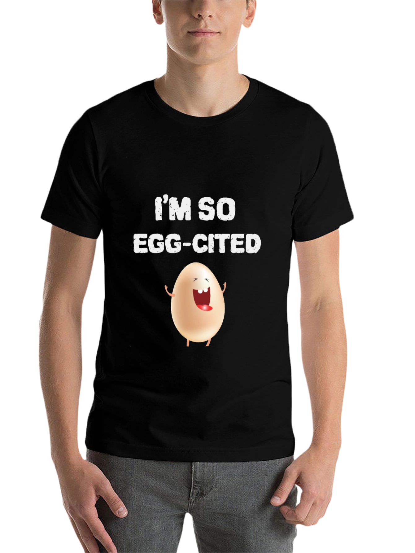 Black I'm So Egg-Cited T-Shirt - Funny Egg Cartoon Design view 7