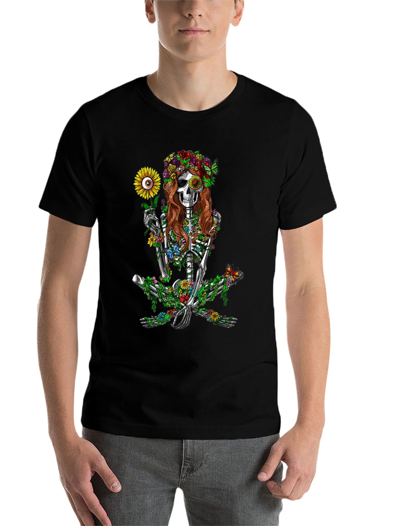 Black Floral Skeleton Graphic T-Shirt - Unisex Black Tee view 7