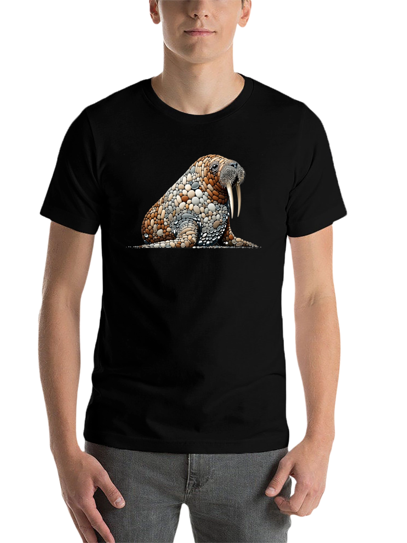 Black Unique Walrus Stone Art Men's Black T-Shirt view 7