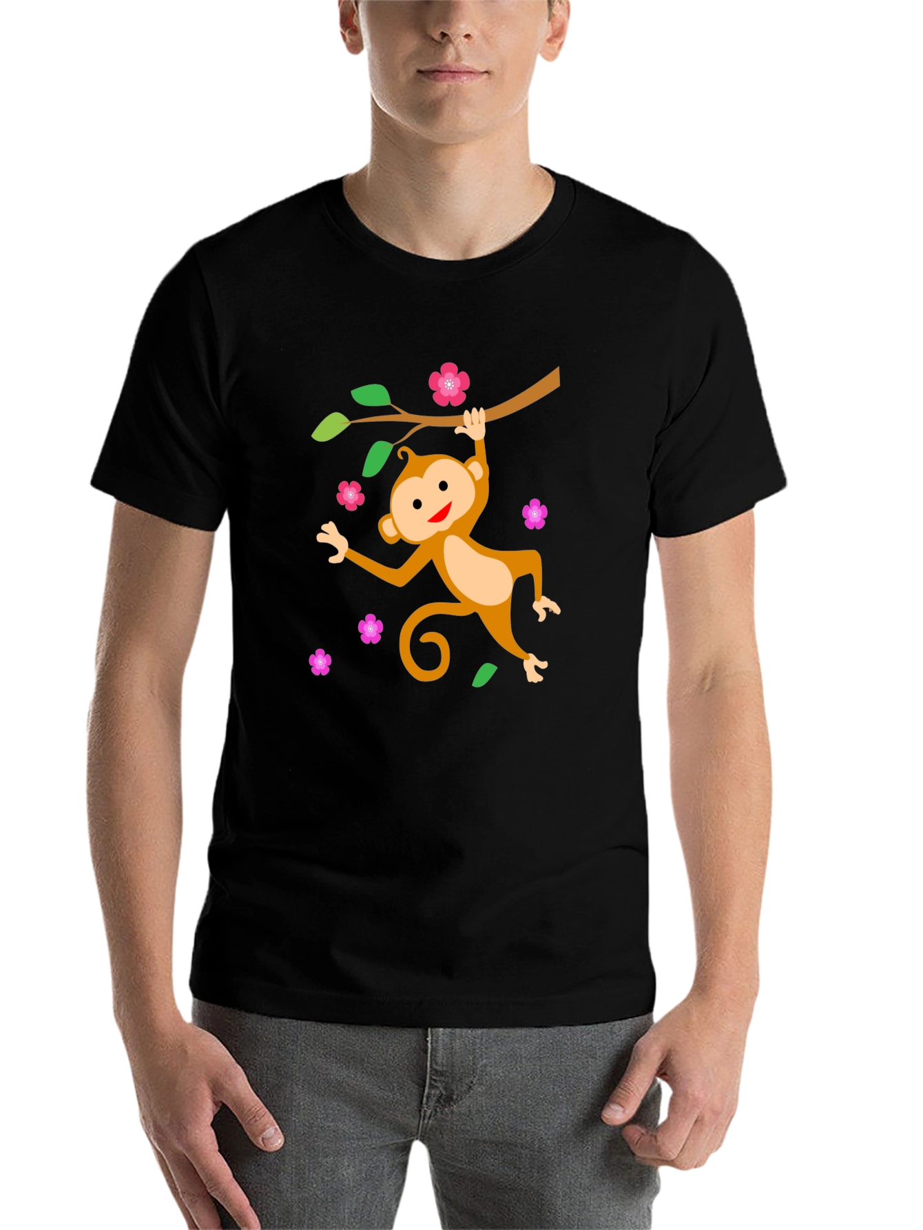 Black Cute Monkey Tree Branch Black T-Shirt view 7