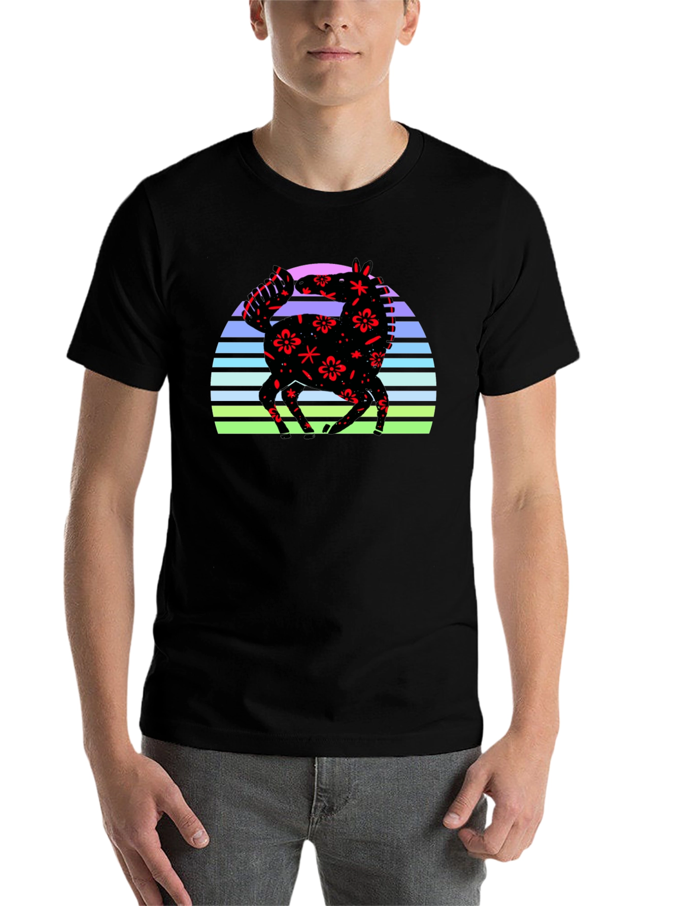 Black Floral Horse Sunset Graphic Tee - Black view 7