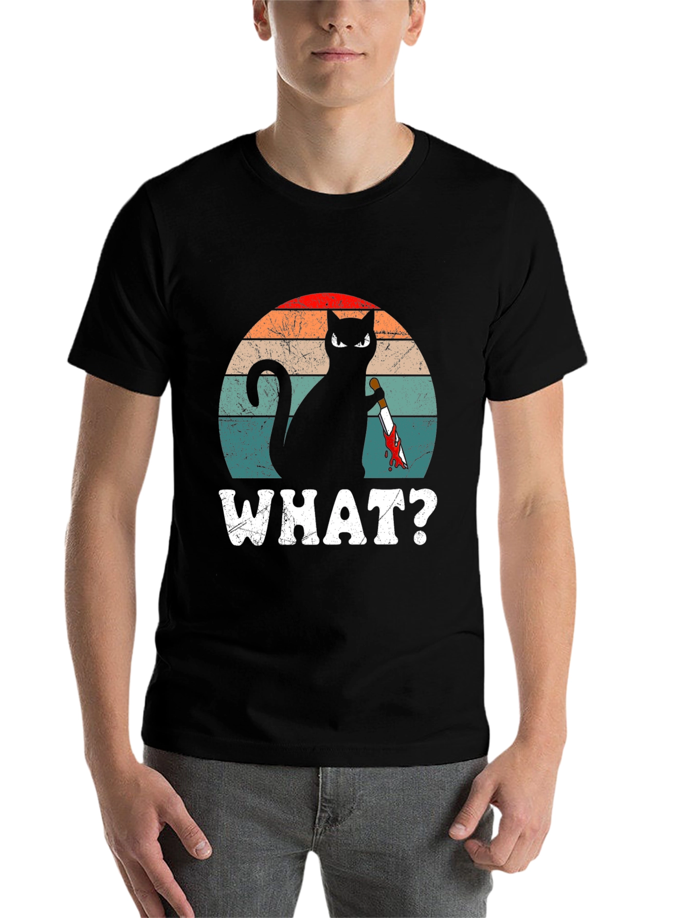 Black Cat With Knife T-Shirt - "WHAT?" Funny Graphic Tee view 7