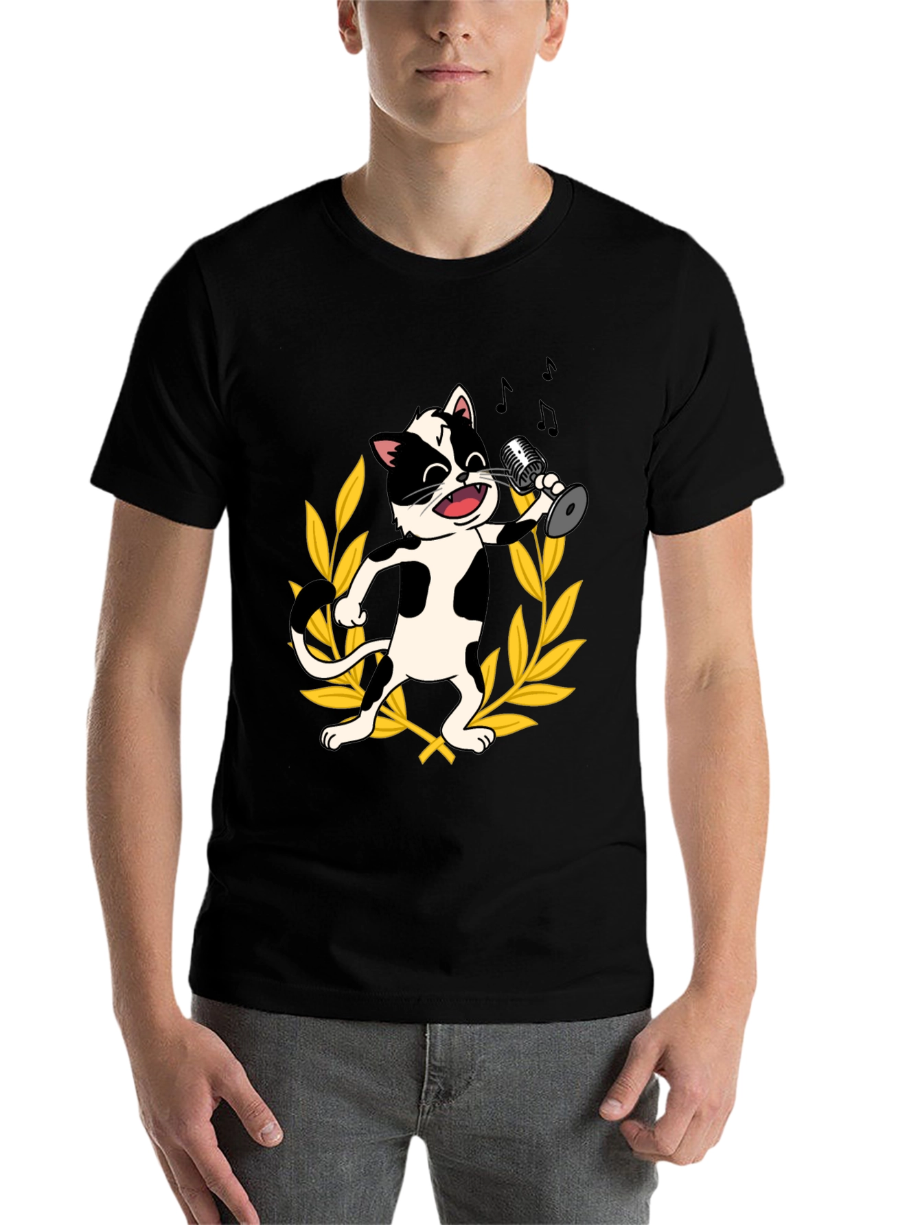 Black Singing Cat Graphic Tee - Black Cotton T-Shirt view 7