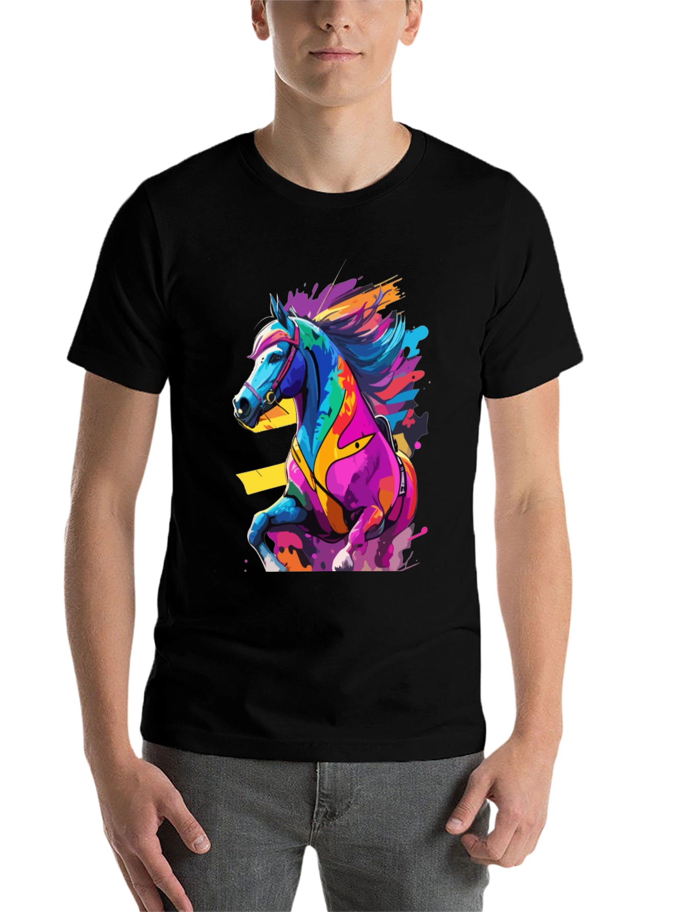 Black Colorful Horse Graphic Tee - Artistic Animal Design view 7