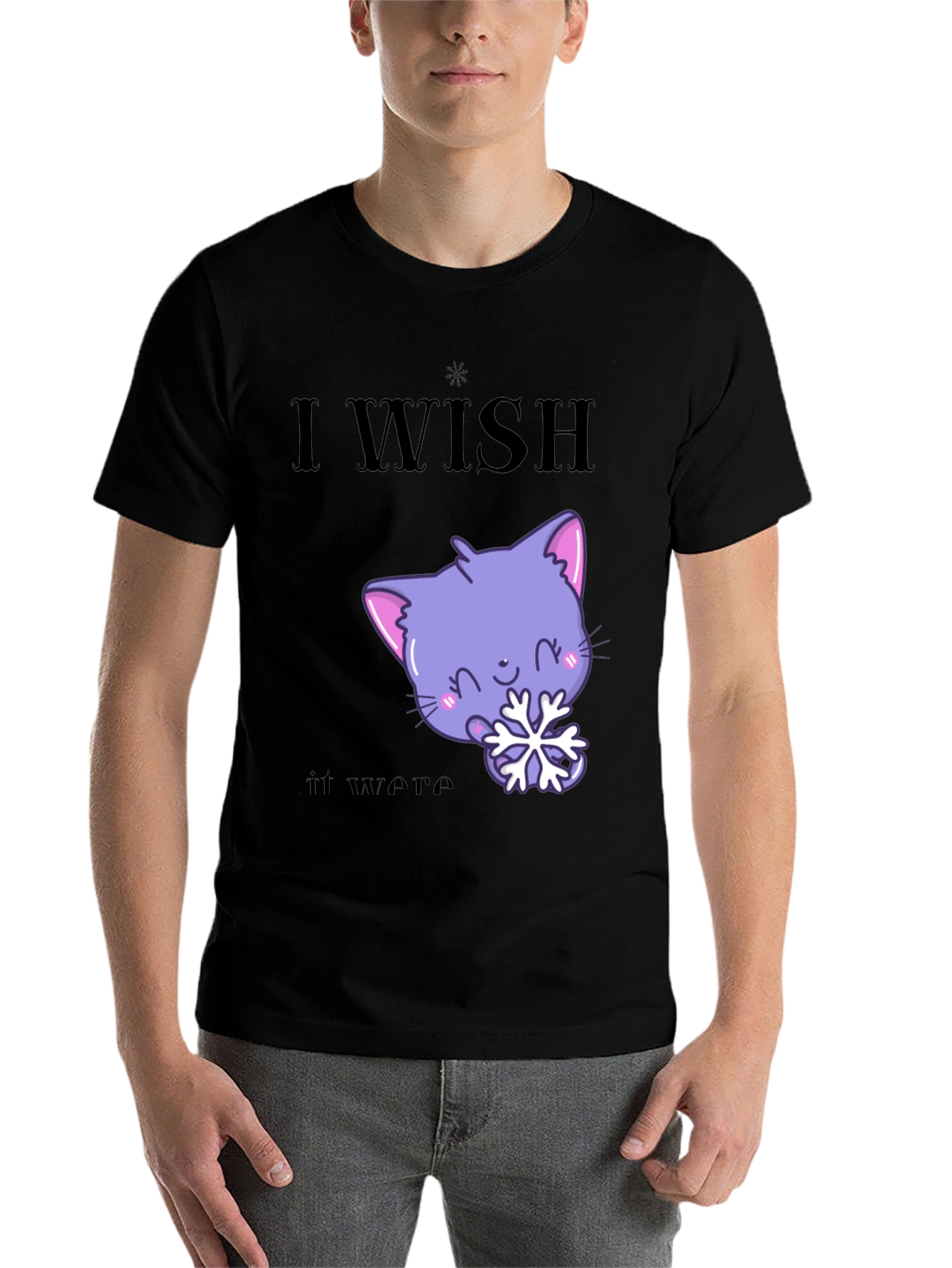 Black Cute Kawaii Cat Snowflake Graphic T-Shirt view 7