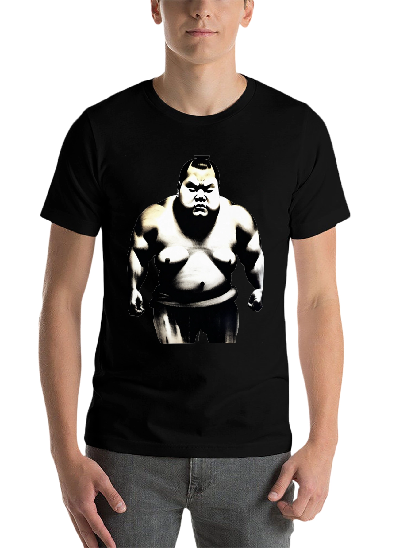 Black Sumo Wrestler Graphic Tee - Black Cotton Blend view 7