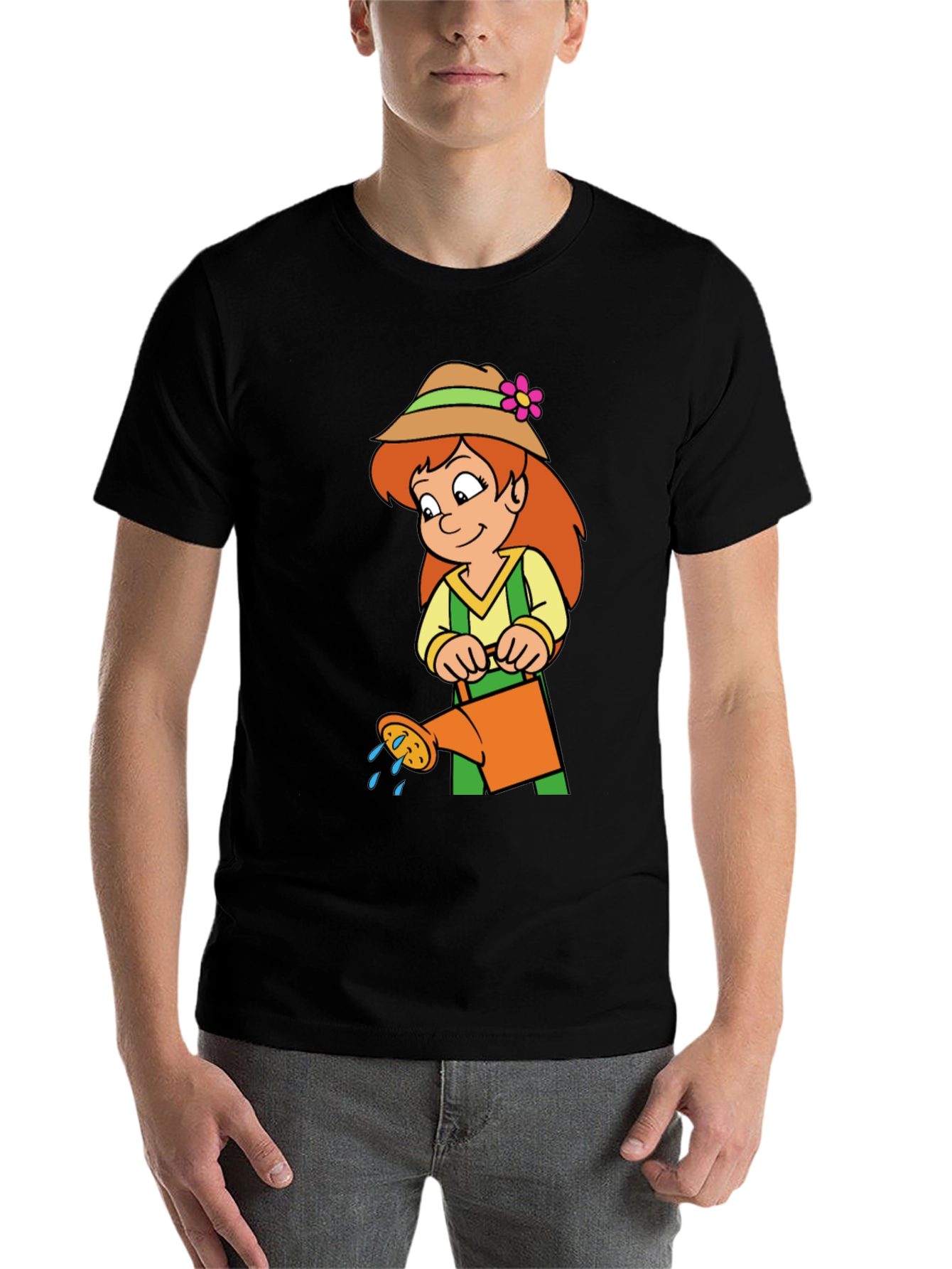 Black Gardening Girl T-Shirt - Fun Cartoon Design view 7