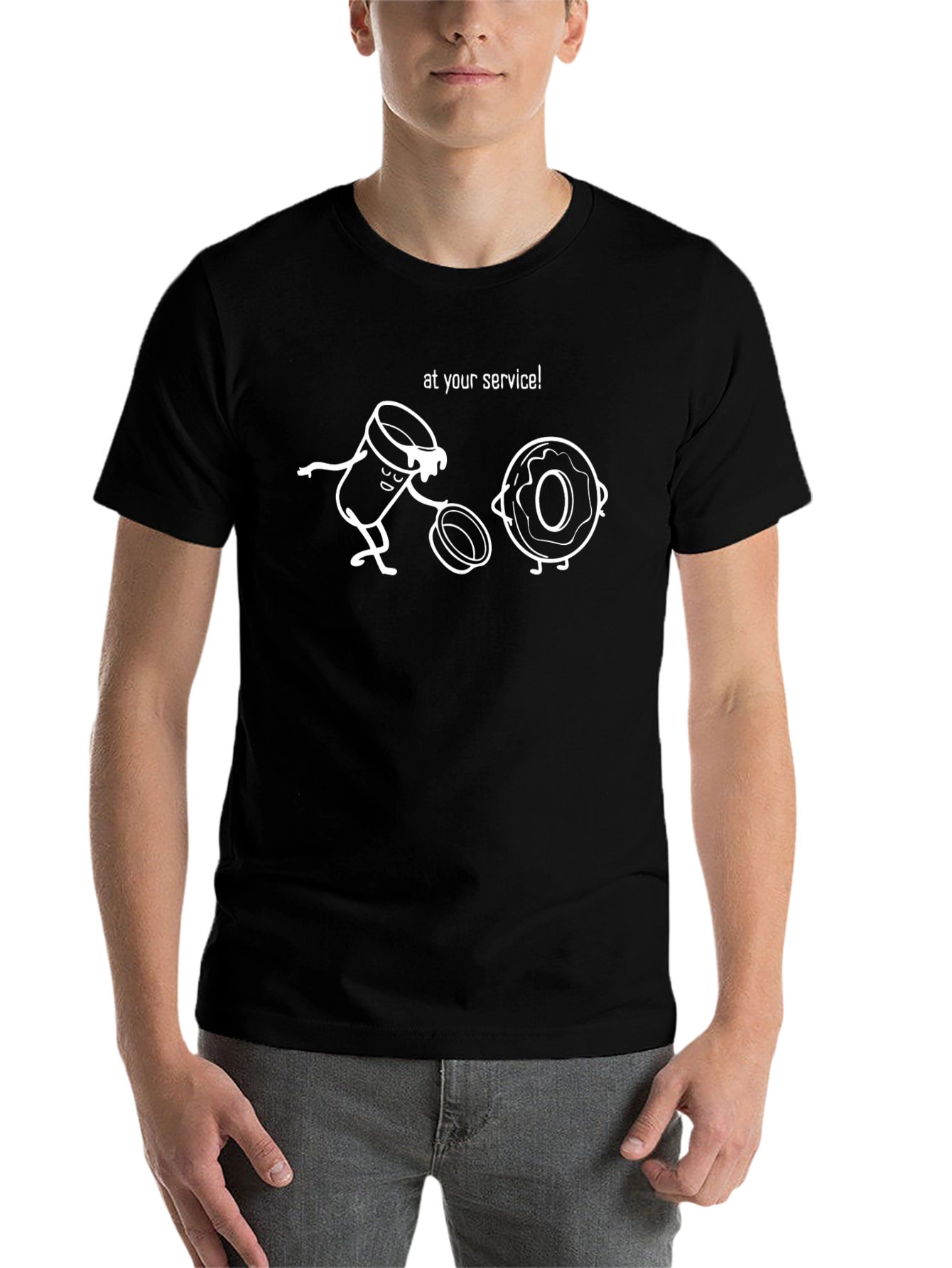 Black Coffee and Donut Cartoon T-Shirt - At Your Service! view 7
