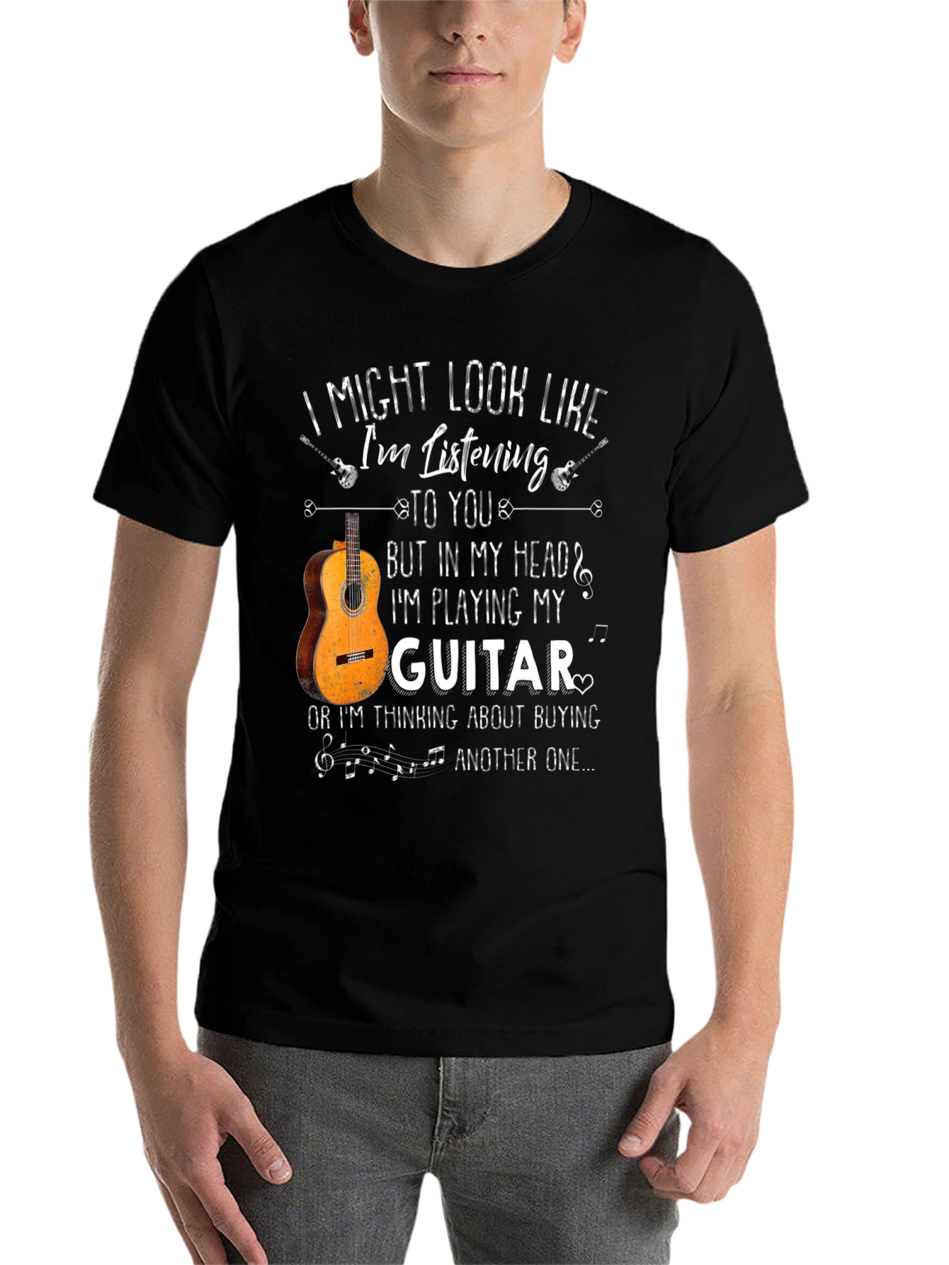 Black I Might Look Like I'm Listening Guitar T-Shirt view 7