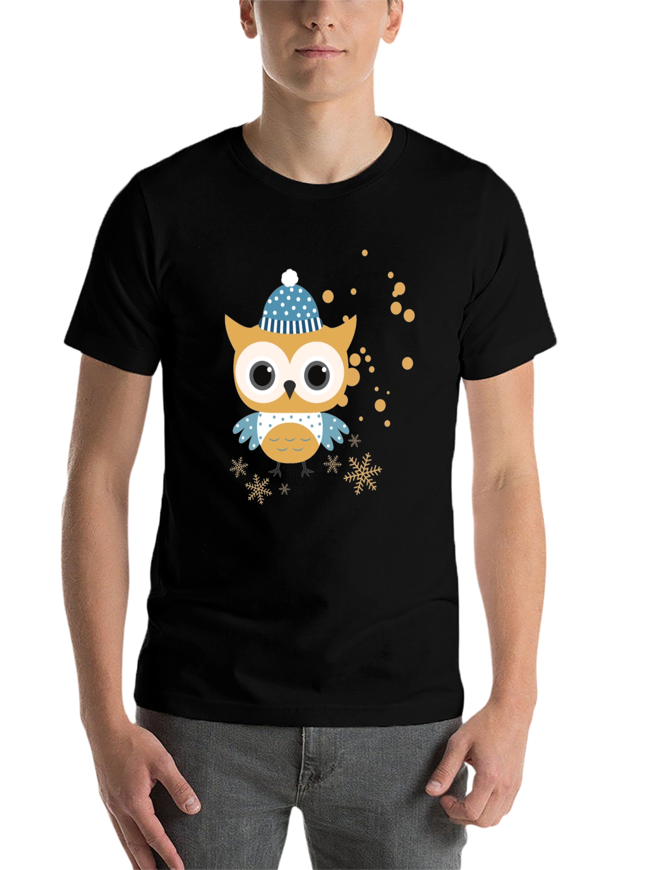 Black Festive Owl Graphic Tee - Winter Holiday Style view 7