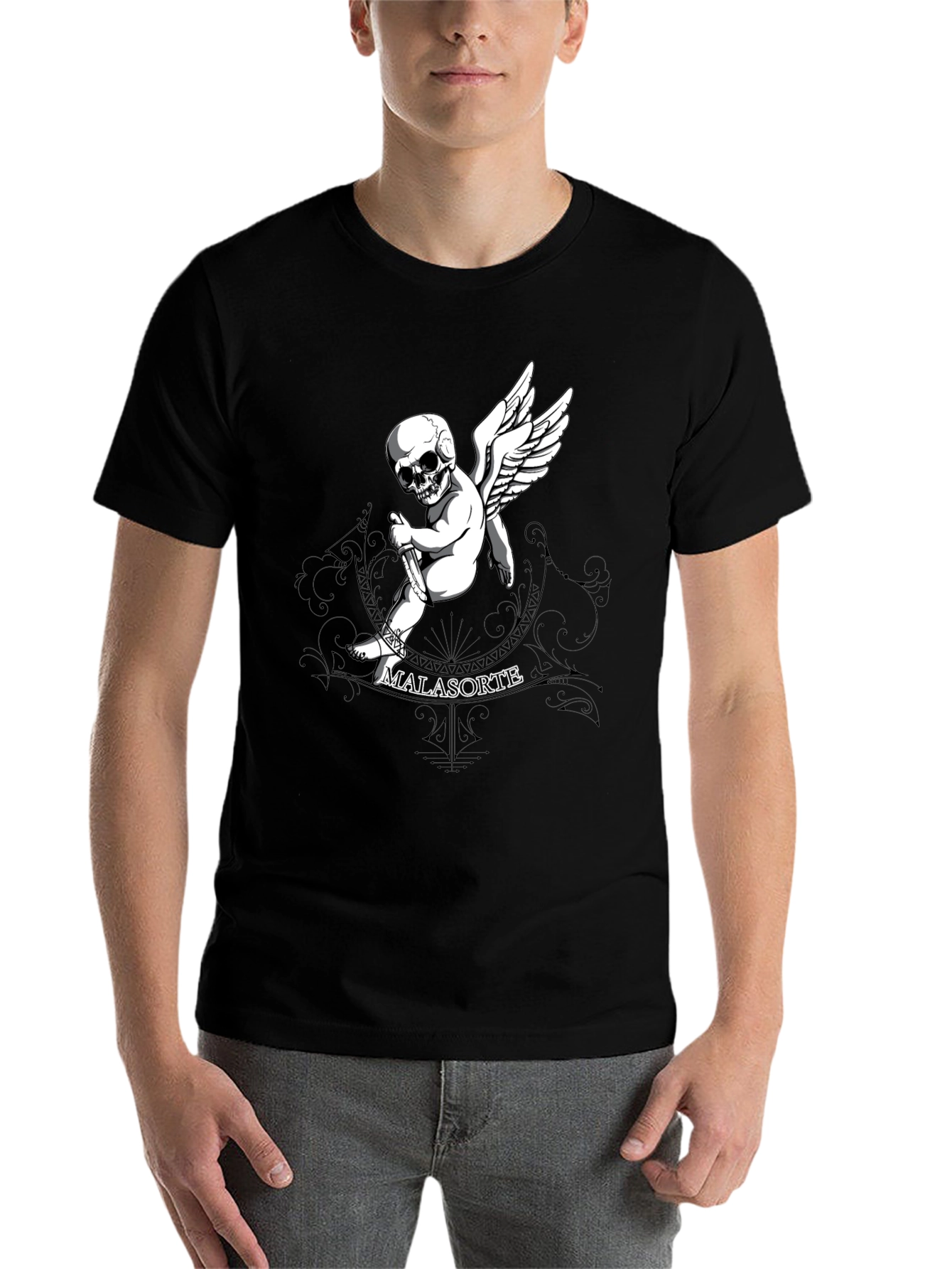 Black Skull Cupid Graphic T-Shirt - Men's Black Tee view 7