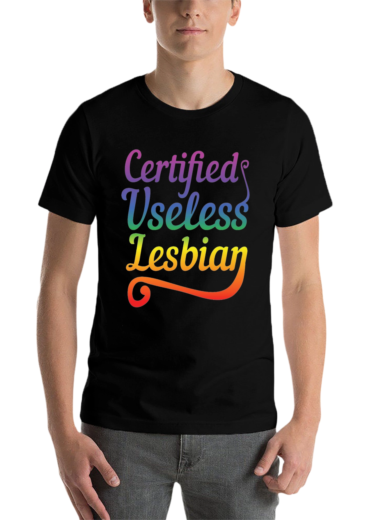 Black Certified Useless Lesbian Rainbow Tee view 7