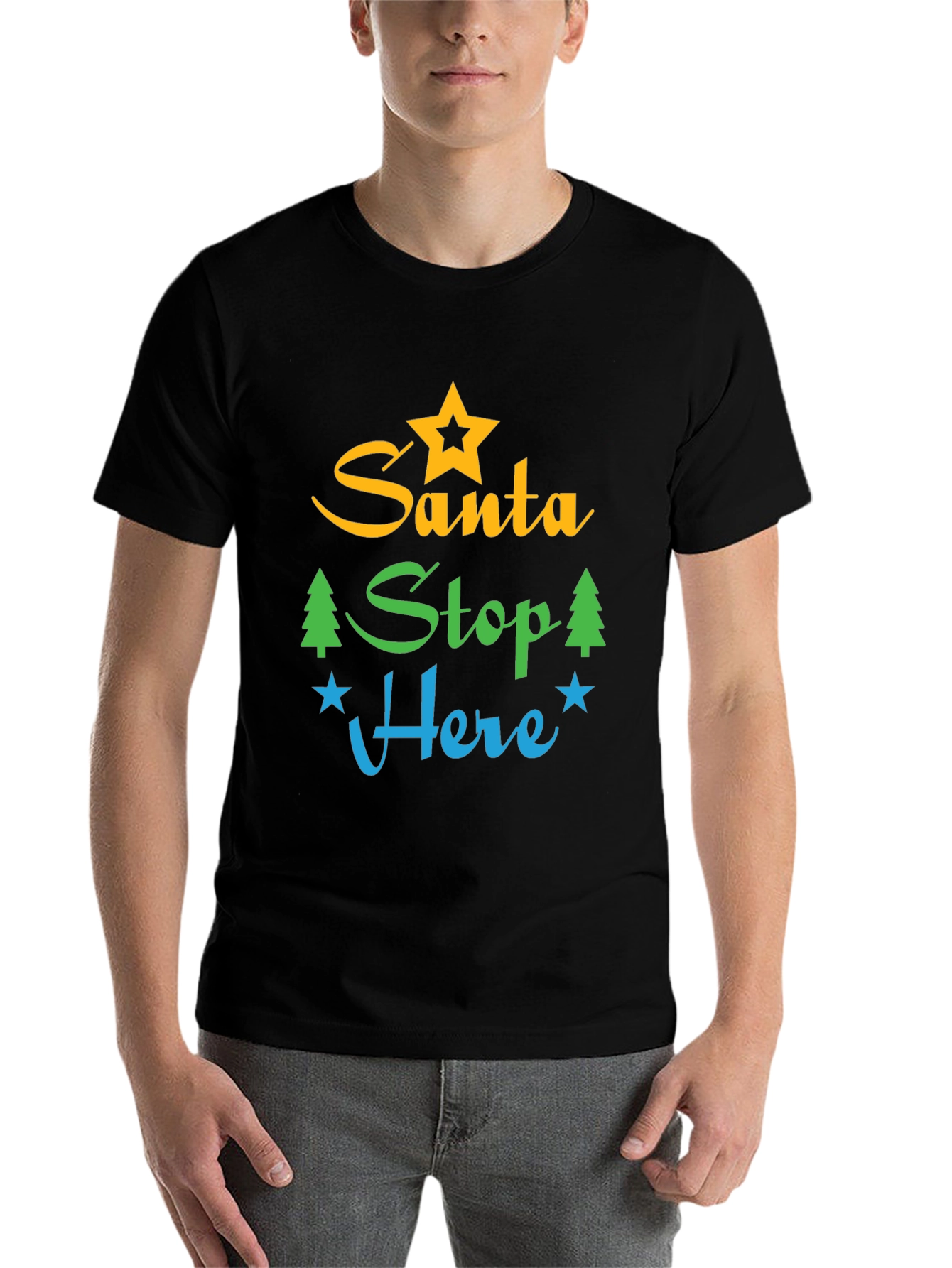 Black Santa Stop Here Graphic Tee - Festive Holiday Apparel view 7
