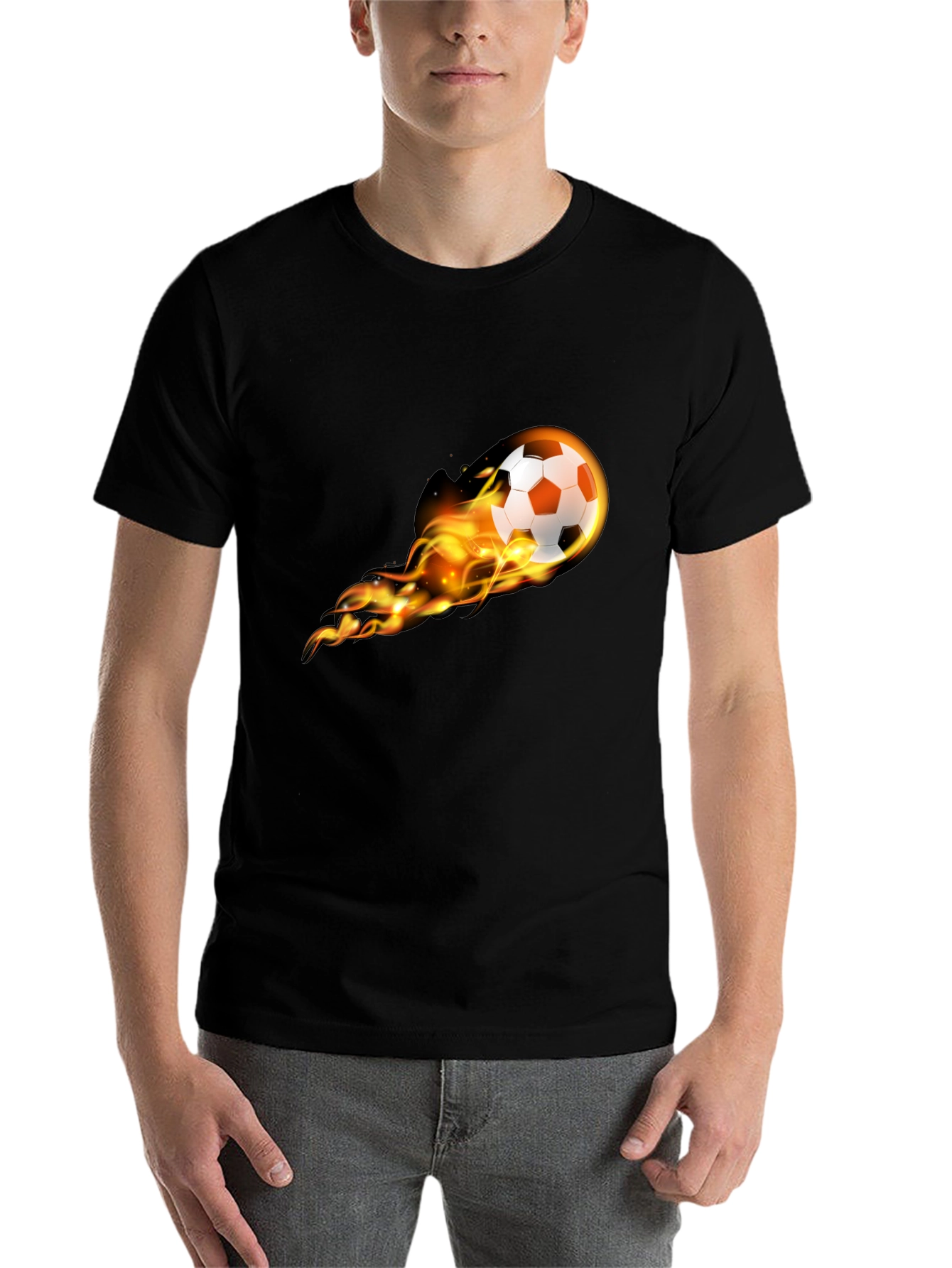 Black Flaming Soccer Ball Graphic Tee - Black Cotton T-Shirt view 7