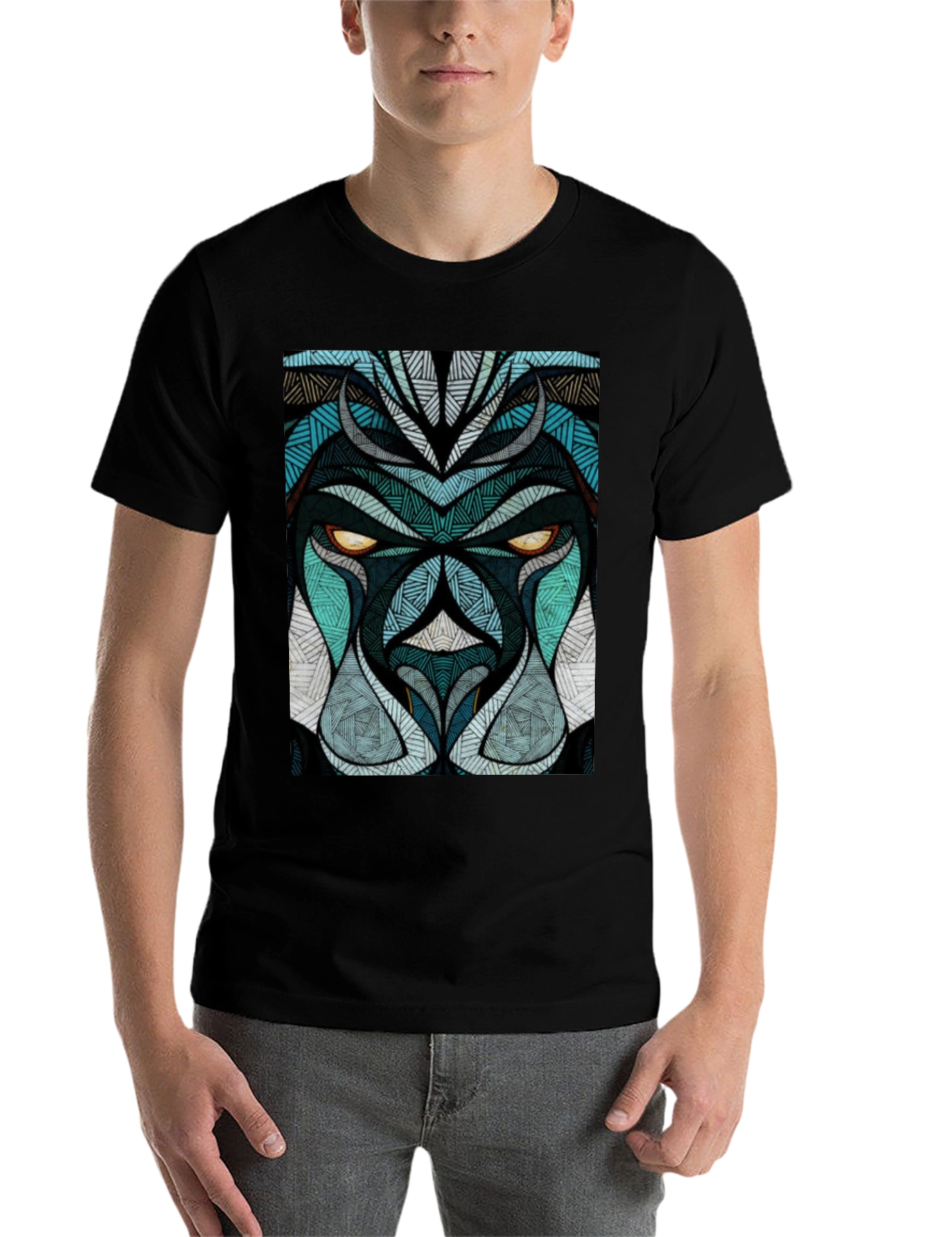 Black Abstract Lion Face Graphic Black T-Shirt view 7