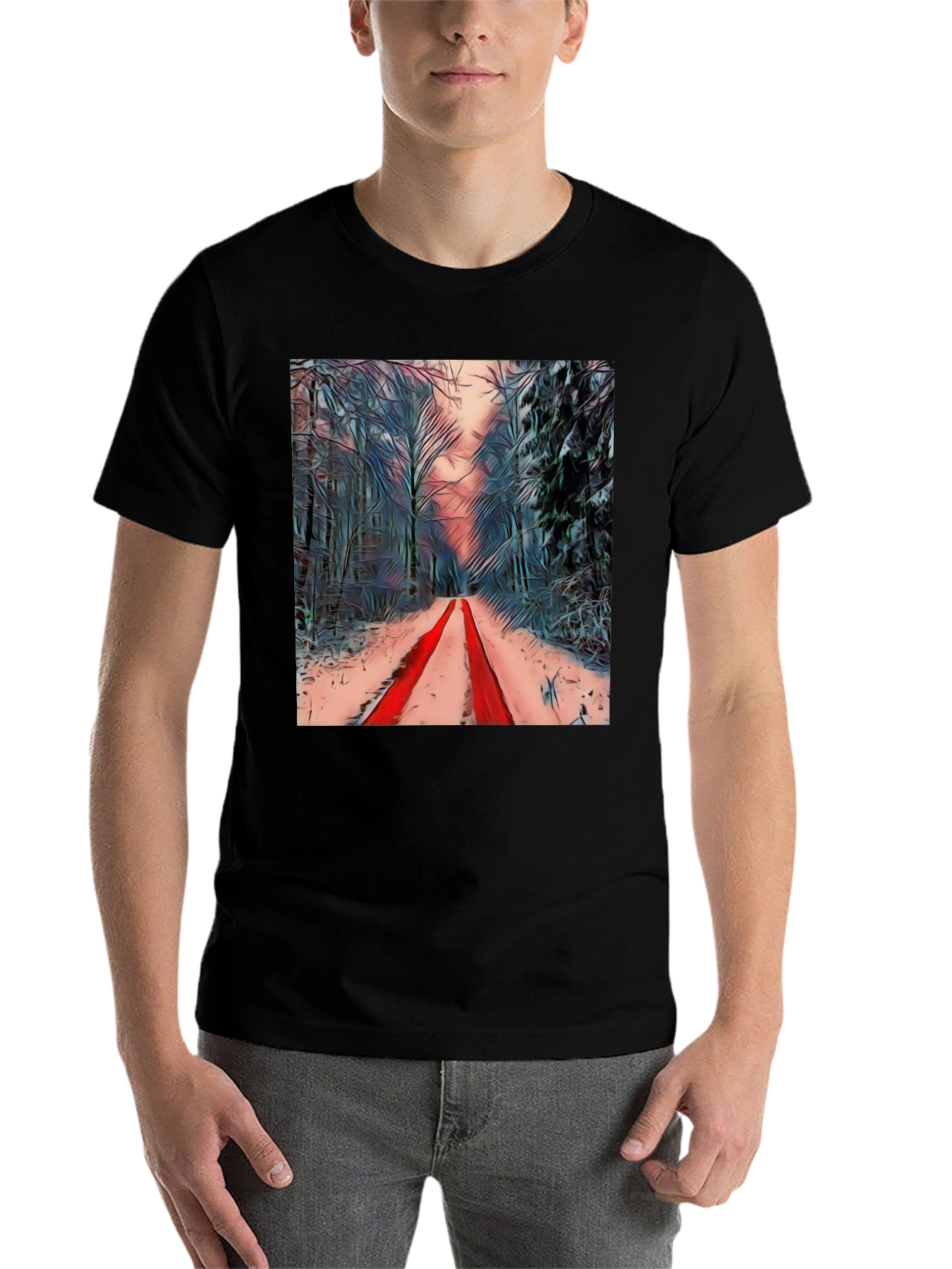 Black Winter Forest Red Path Black T-Shirt view 7