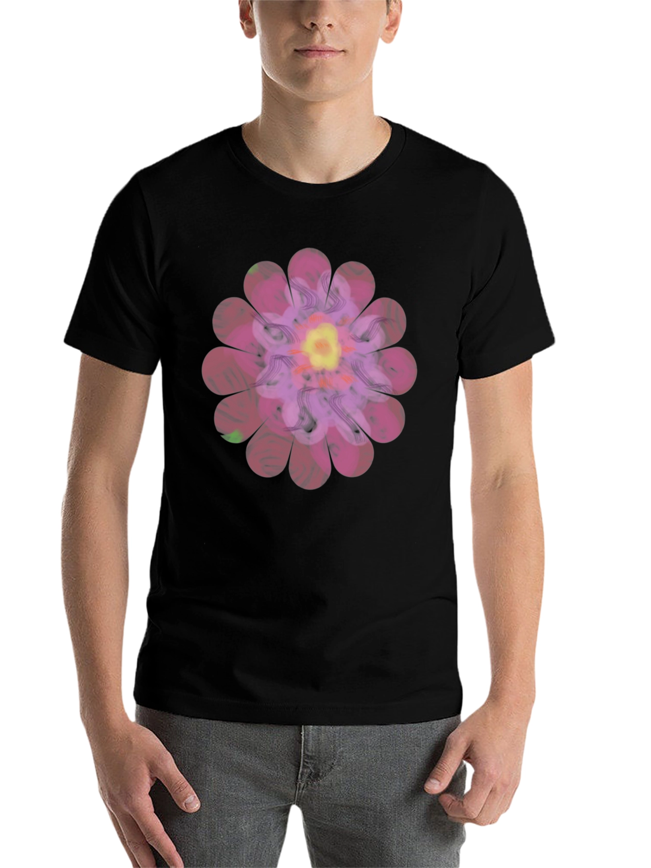 Black Floral Print Men's T-Shirt - Unique Design view 7
