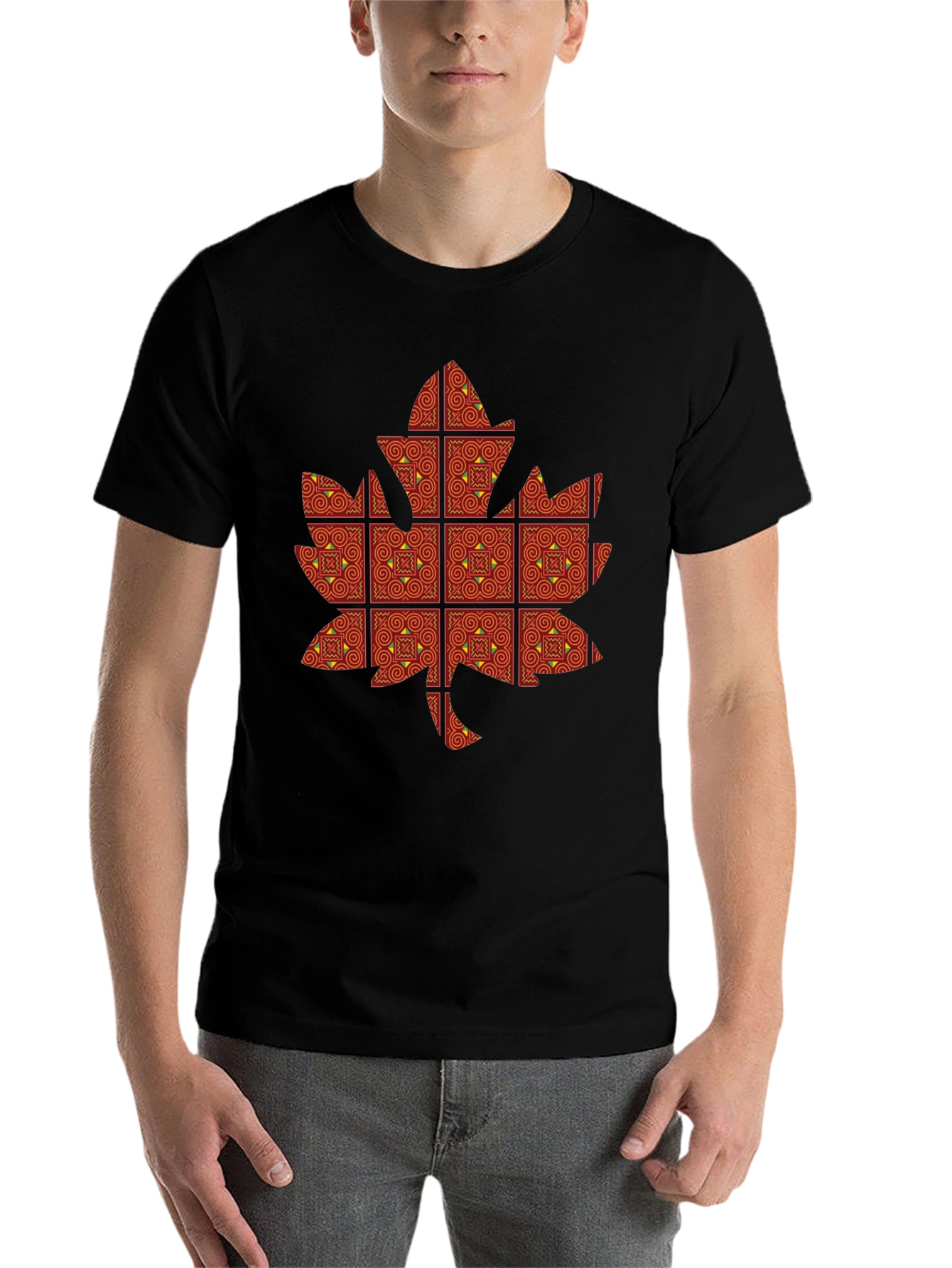 Black Maple Leaf Patterned T-Shirt view 7