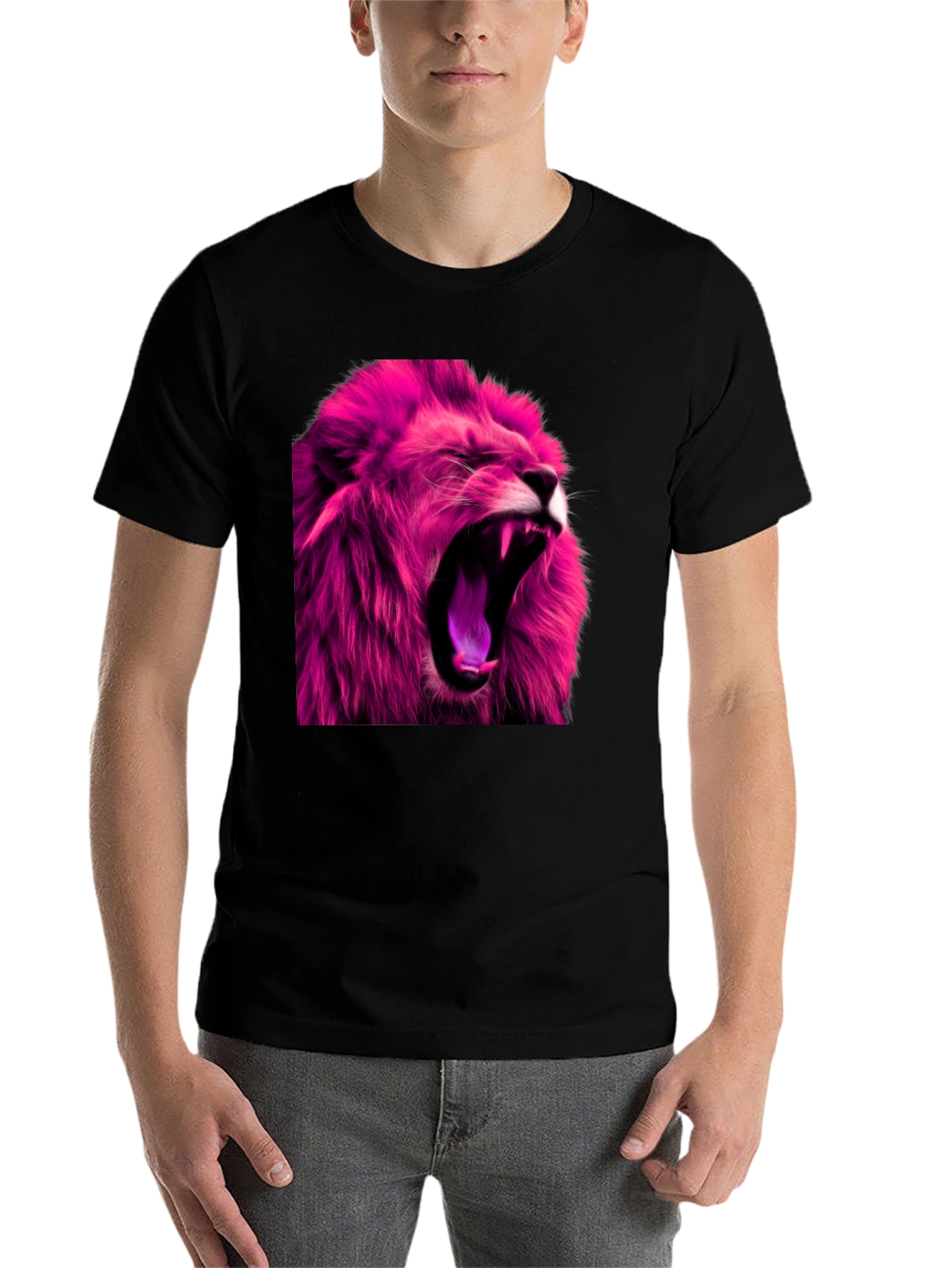 Black Roaring Pink Lion Graphic Print Black T-Shirt view 7