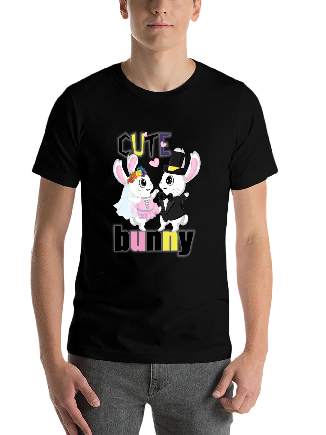 Black Cute Bunny Couple Graphic T-Shirt view 7
