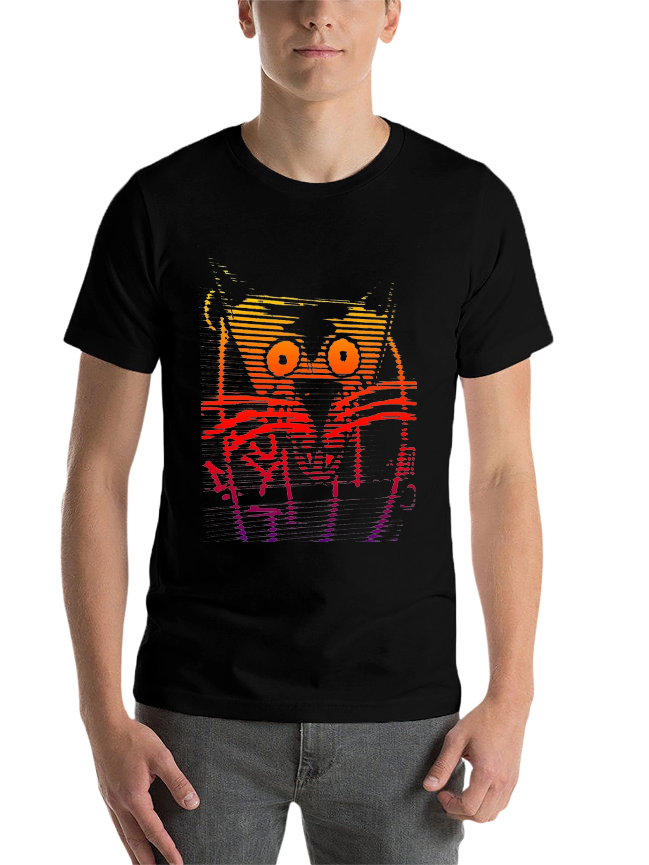 Black Retro Glitch Cat Graphic T-Shirt view 7