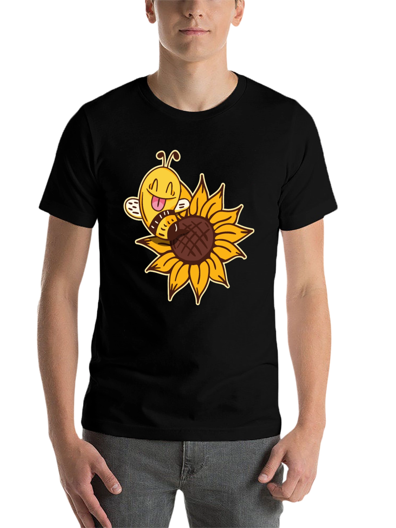 Black Cute Bee on Sunflower Black T-Shirt view 7