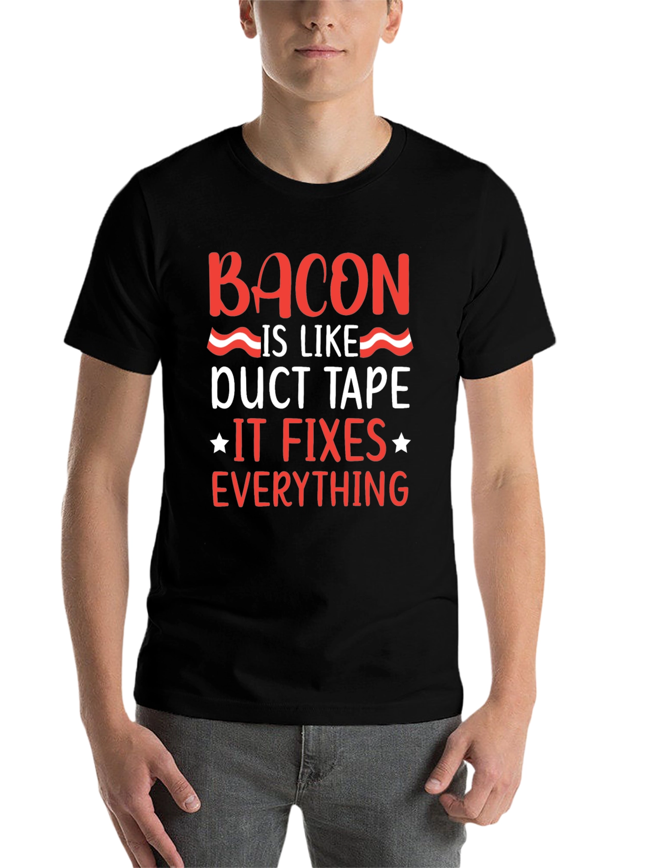 Bacon Duct Tape Fixes Everything Black Graphic Tee - 7