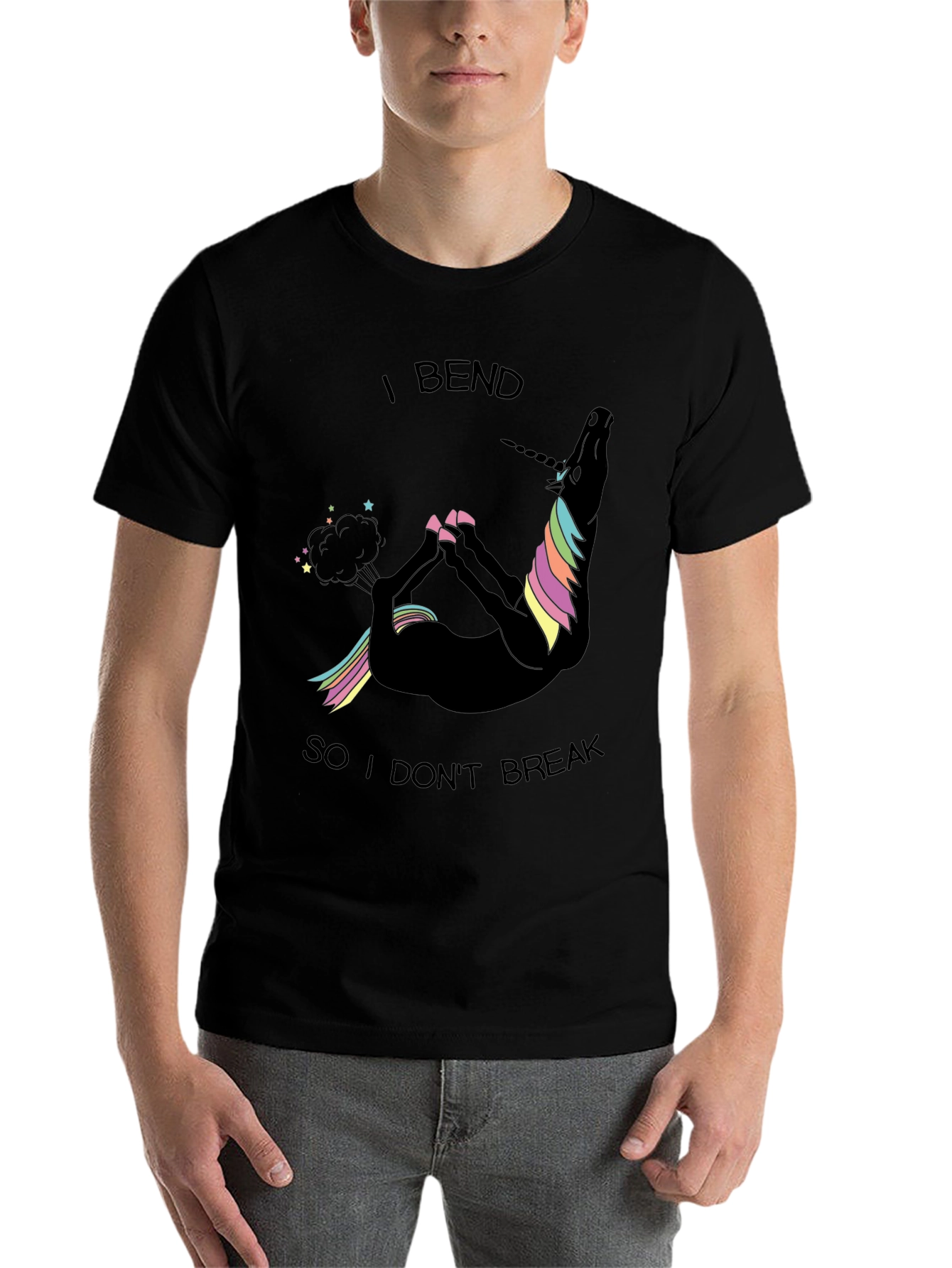 Black Funny Unicorn Yoga T-Shirt - I Bend So I Don't Break view 7