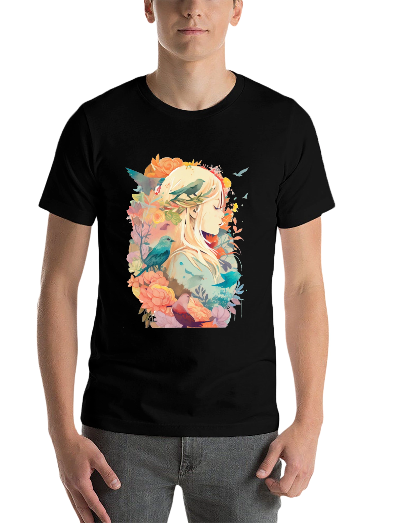 Black Nature's Embrace Tee - Floral Bird Design view 7