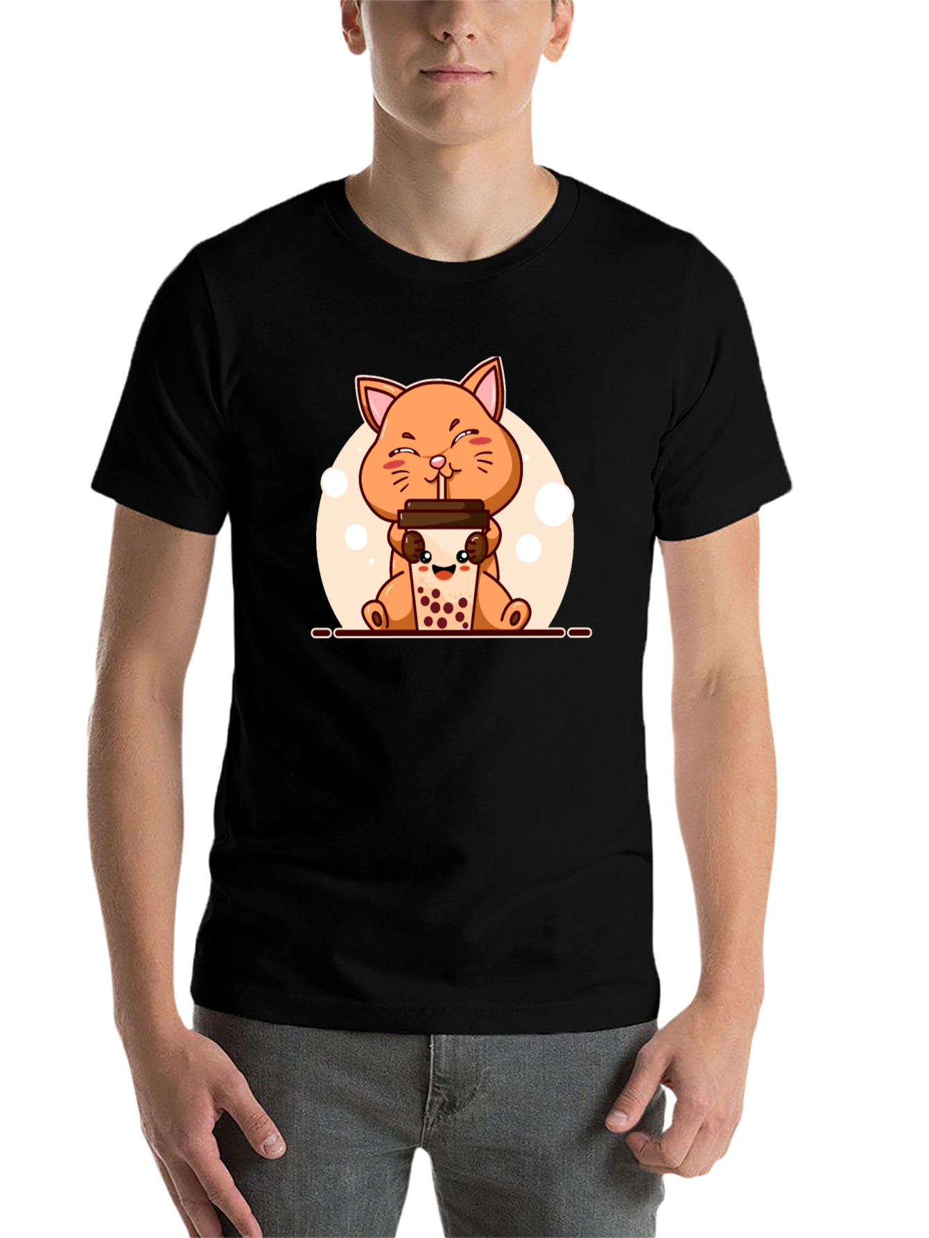Black Cute Cat Boba Tea Graphic T-Shirt - Unisex view 7