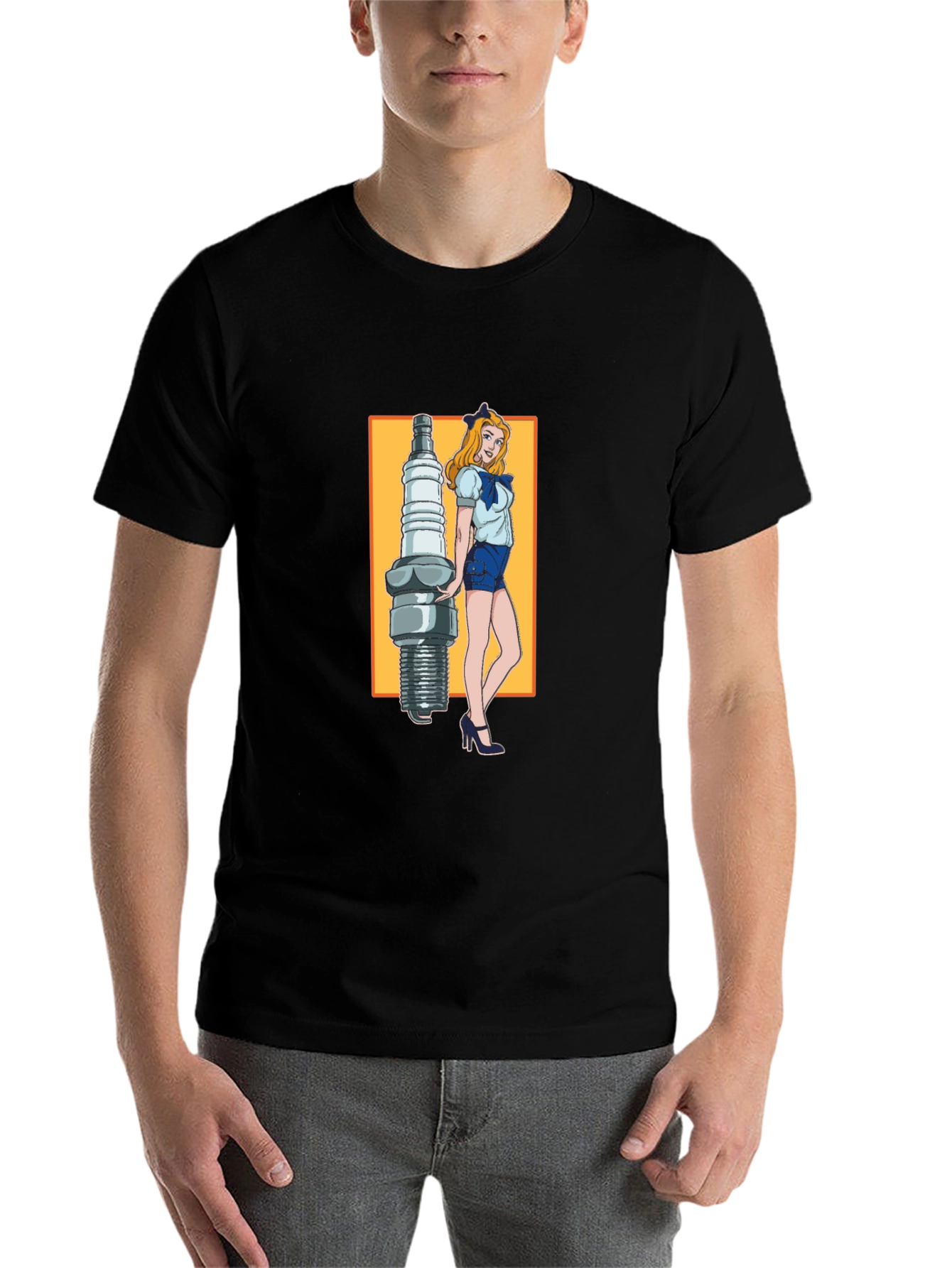 Black Cartoon Spark Plug Girl Black T-Shirt view 7