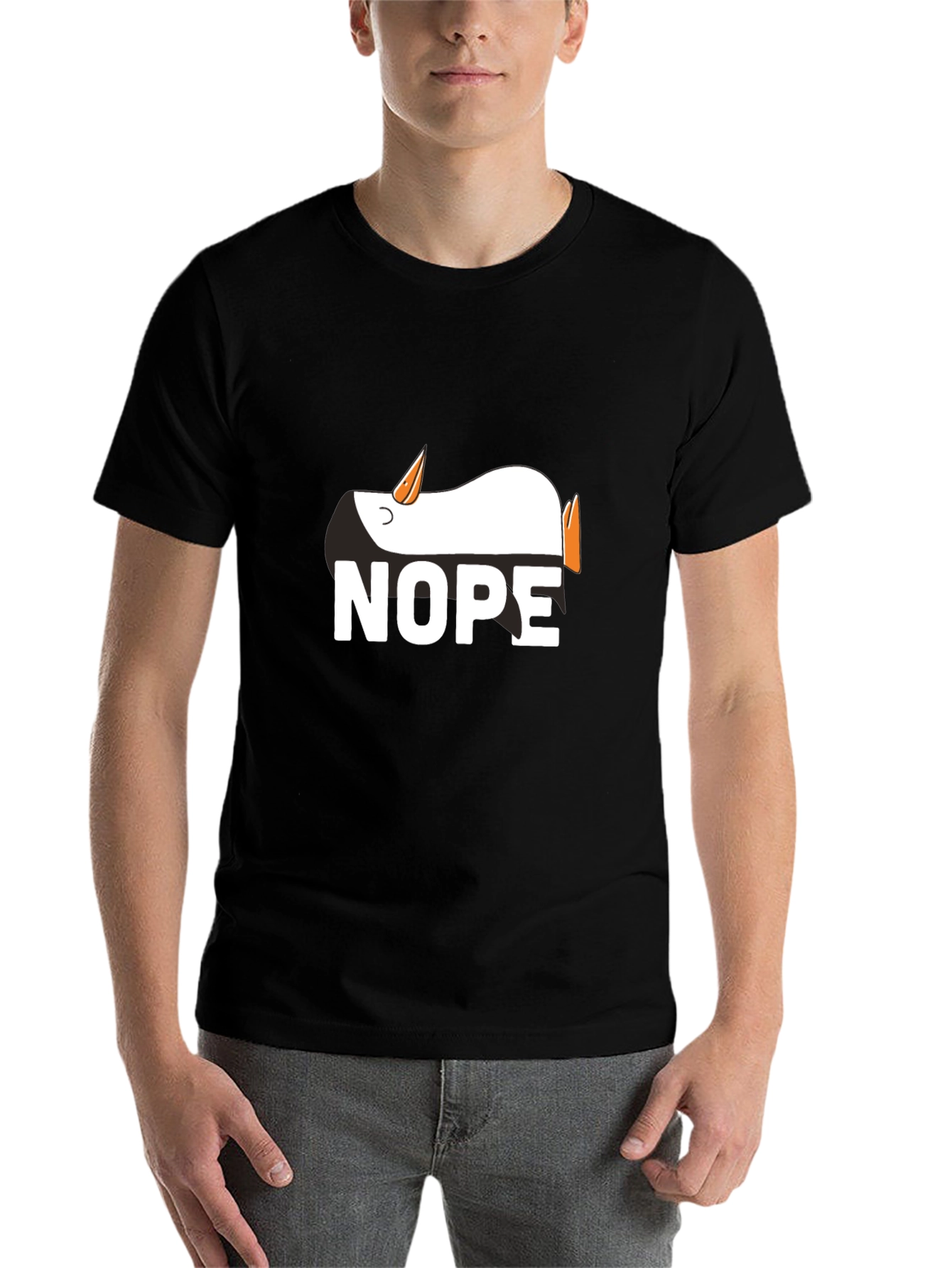 Black Nope Penguin Graphic Tee - Funny Relaxed T-Shirt view 7