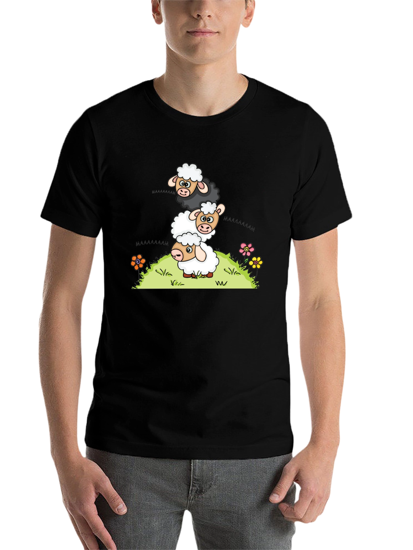 Black Stacked Sheep Cartoon T-Shirt view 7