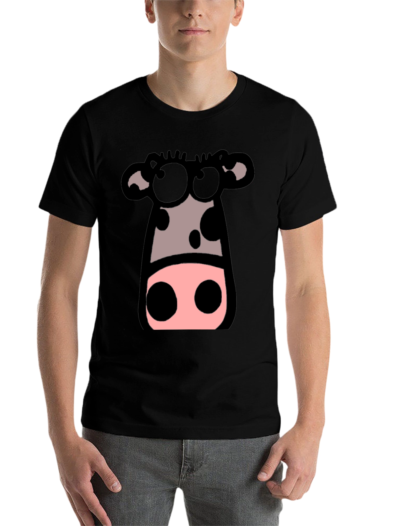 Black Cartoon Cow Graphic Tee - Black Crew Neck T-Shirt view 7