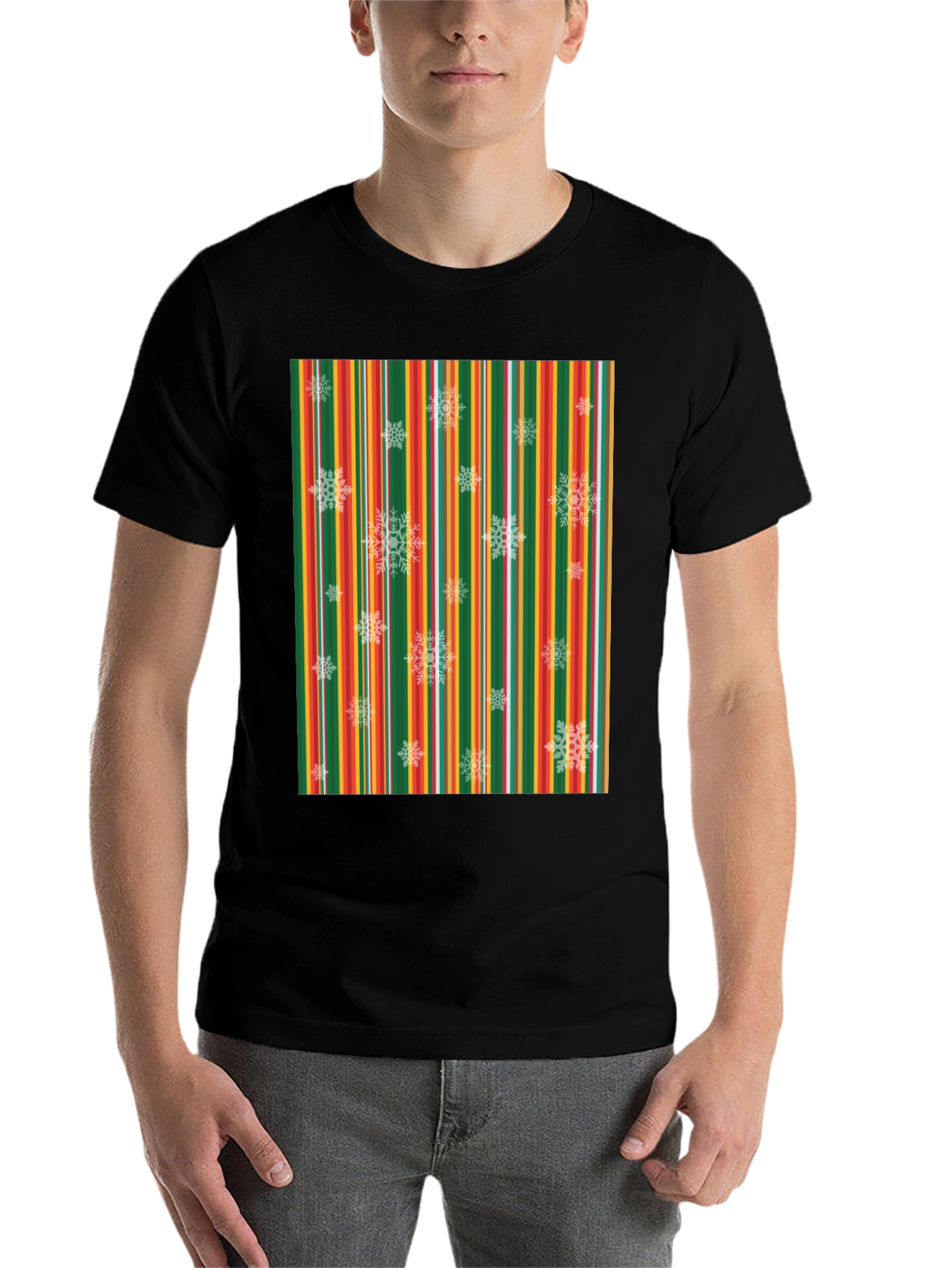 Black Festive Striped Snowflake T-Shirt view 7