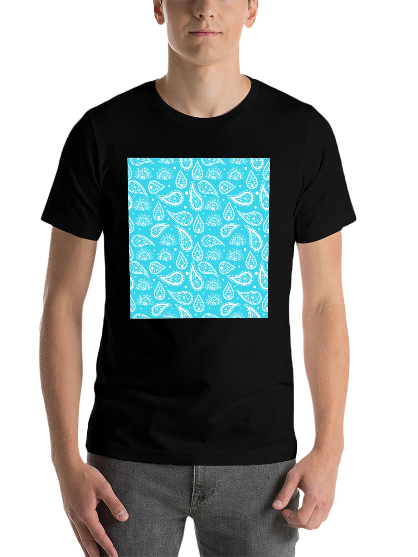 Black Black Tee with Aqua Paisley Design view 7