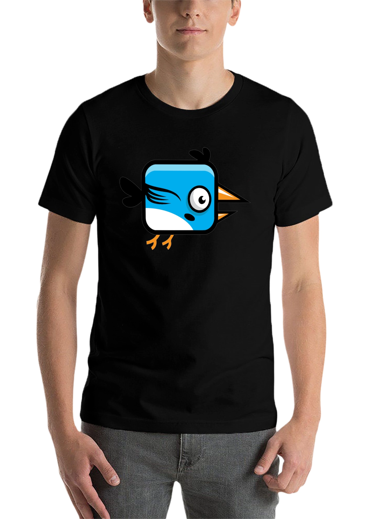 Black Funny Cartoon Bird Graphic Black T-Shirt view 7